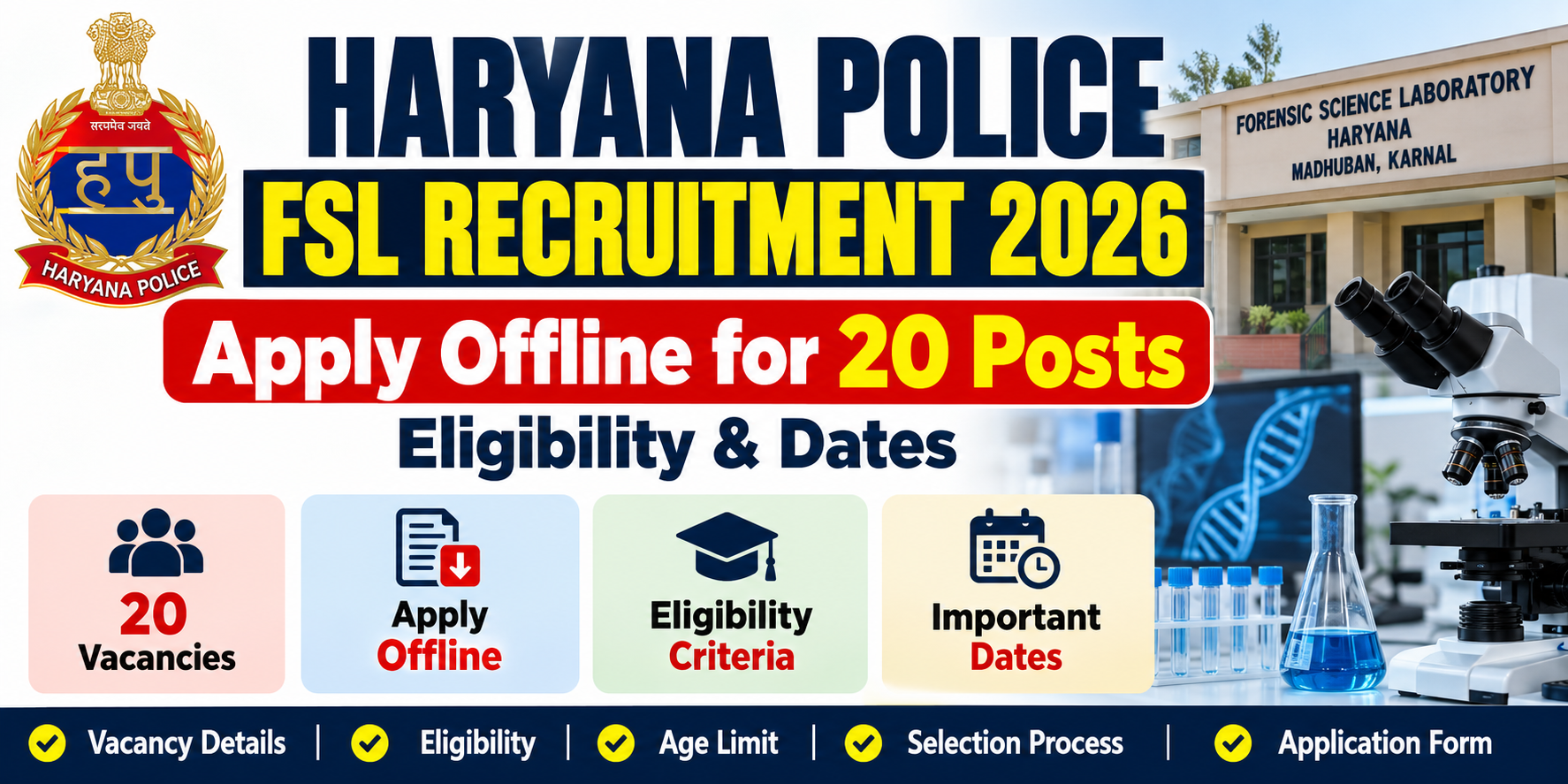 Haryana Police FSL Recruitment 2026: Apply Offline for 20 Posts, Eligibility & Dates
