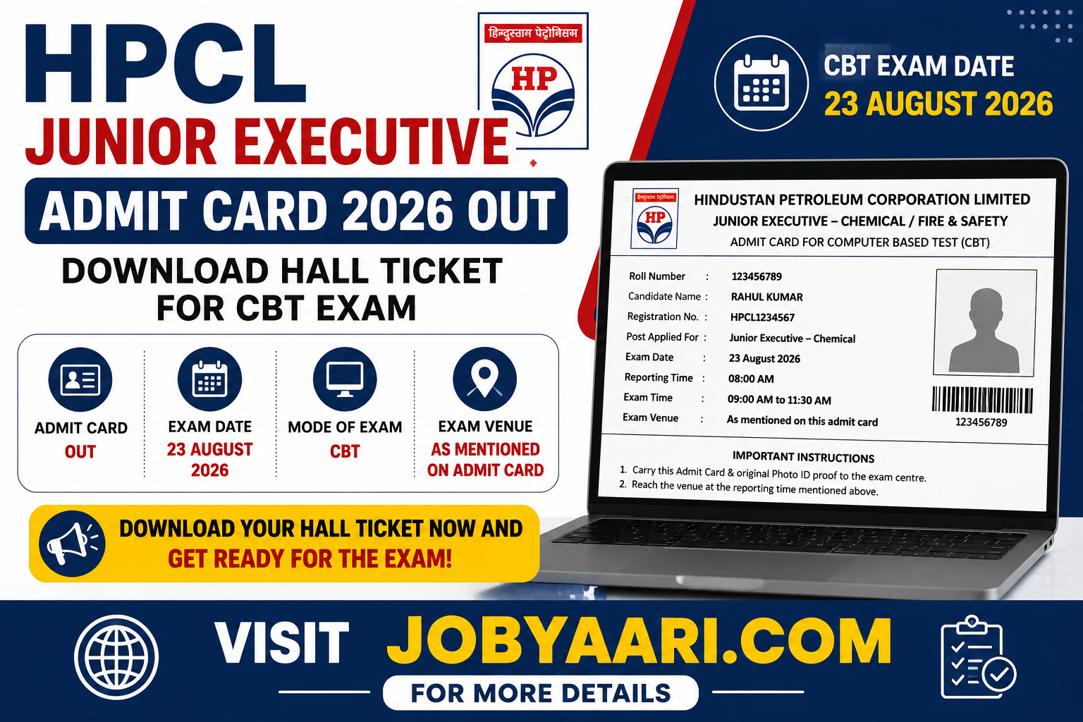HPCL Junior Executive Admit Card 2026 Out, Download Hall Ticket for CBT Exam on 23 August