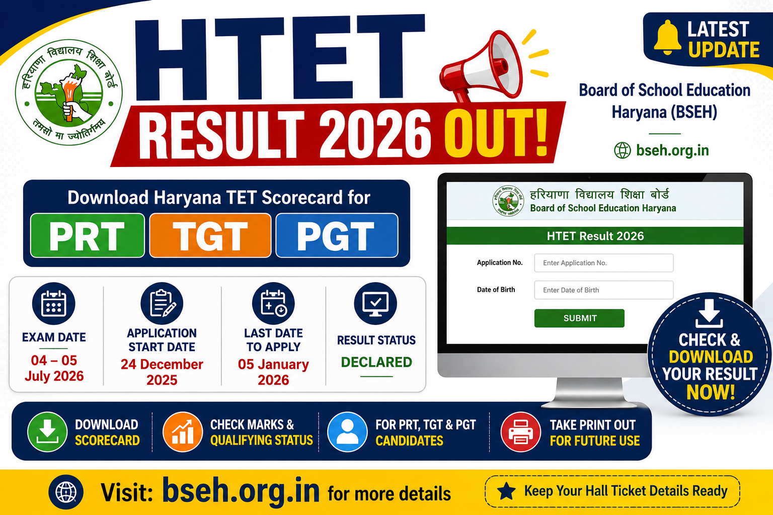 HTET Result 2026 Out banner showing Haryana TET PRT, TGT, and PGT scorecard download details, BSEH result announcement, exam dates, and official website bseh.org.in.