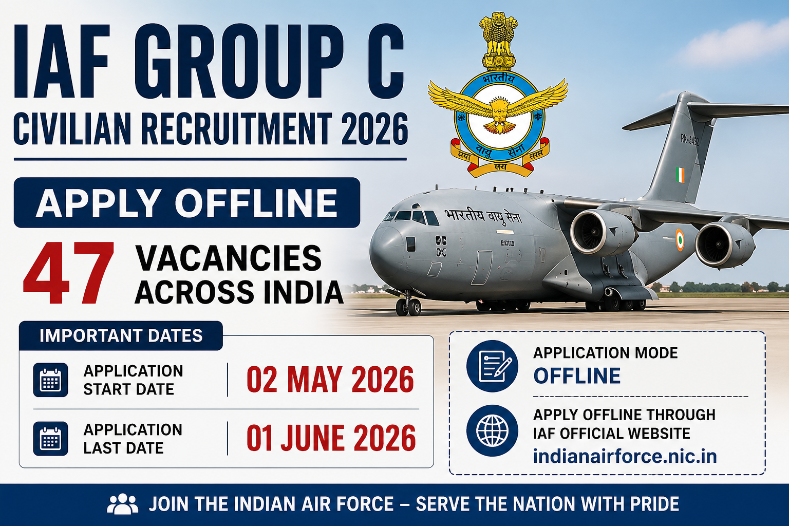 IAF Group C Civilian Recruitment 2026 Apply Offline – 47 Posts | Last Date 01 June