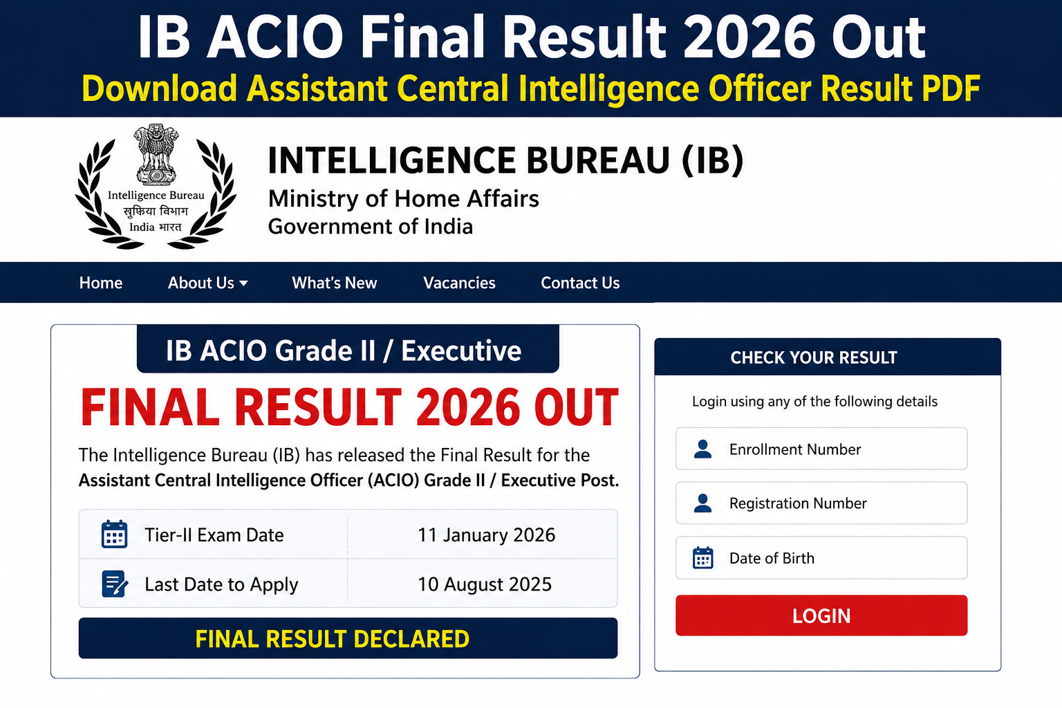 IB ACIO Final Result 2026 Out, Download Assistant Central Intelligence Officer Result PDF
