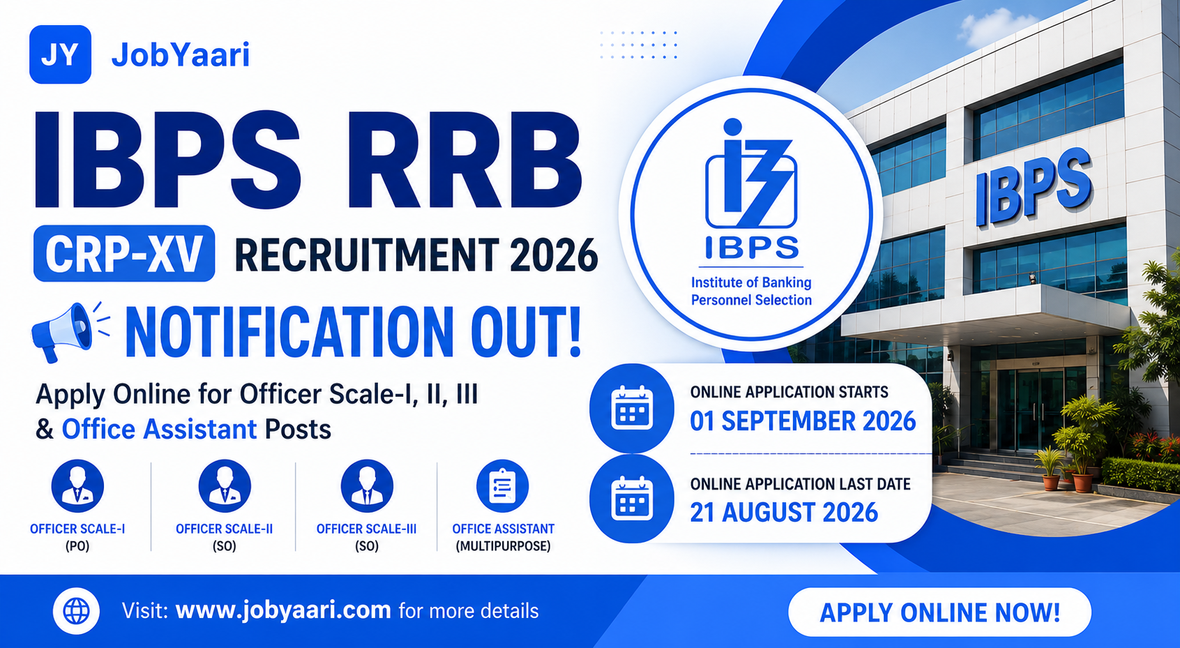 IBPS RRB CRP-XV Recruitment 2026 Notification Out – Apply Online for Officer Scale I II III and Office Assistant Posts