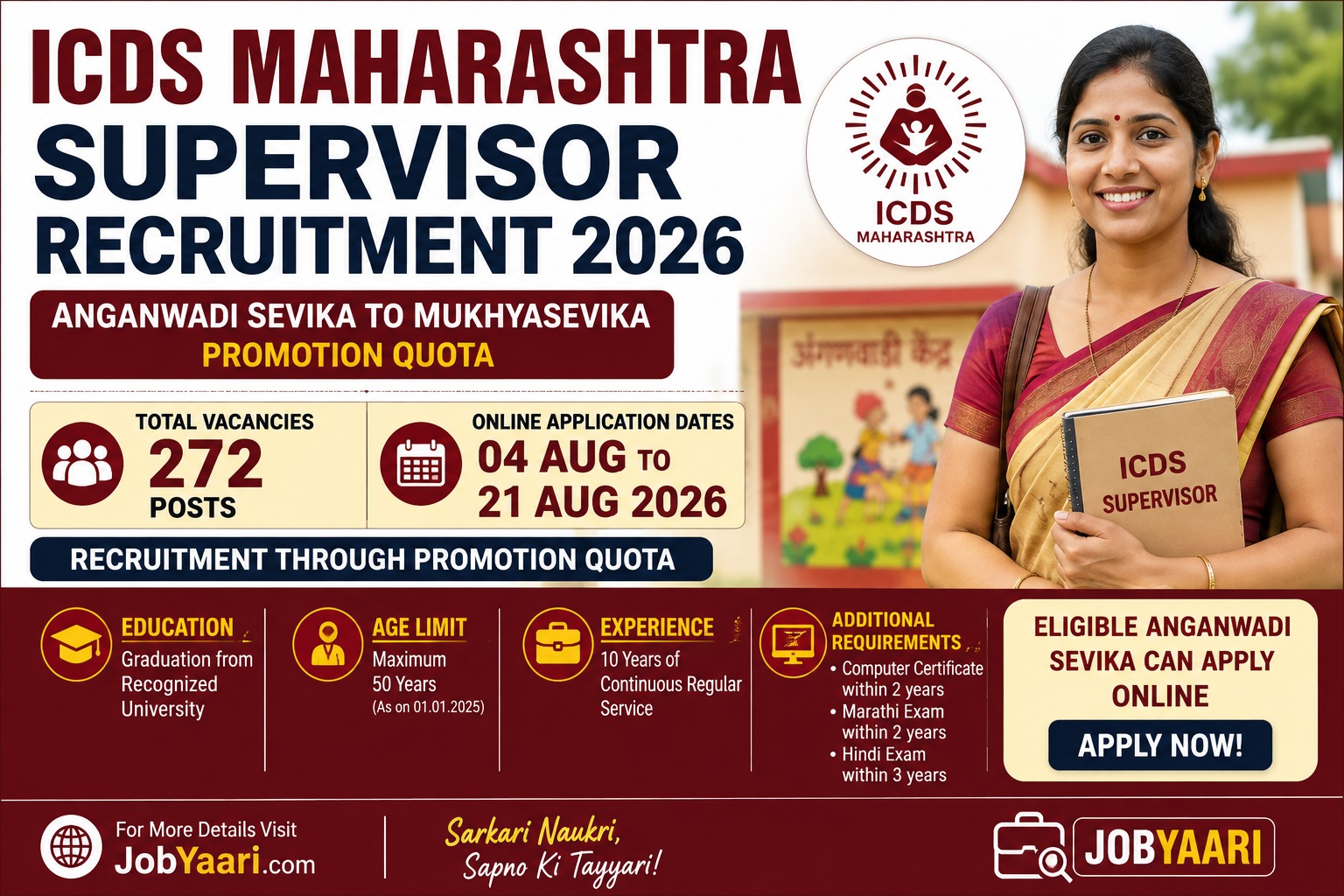 ICDS Maharashtra Supervisor Recruitment 2026 – 272 Posts, Eligibility, Online Form