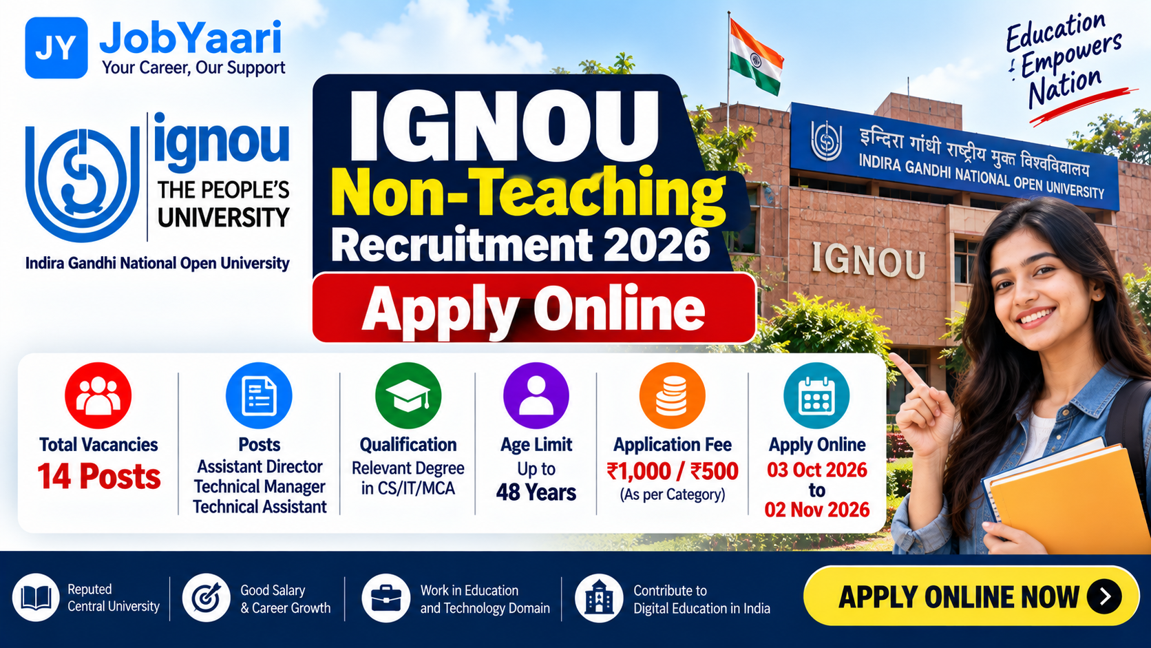 IGNOU Non-Teaching Recruitment 2026 – Apply Online for 14 Posts, Eligibility, Age Limit, Fee, Salary