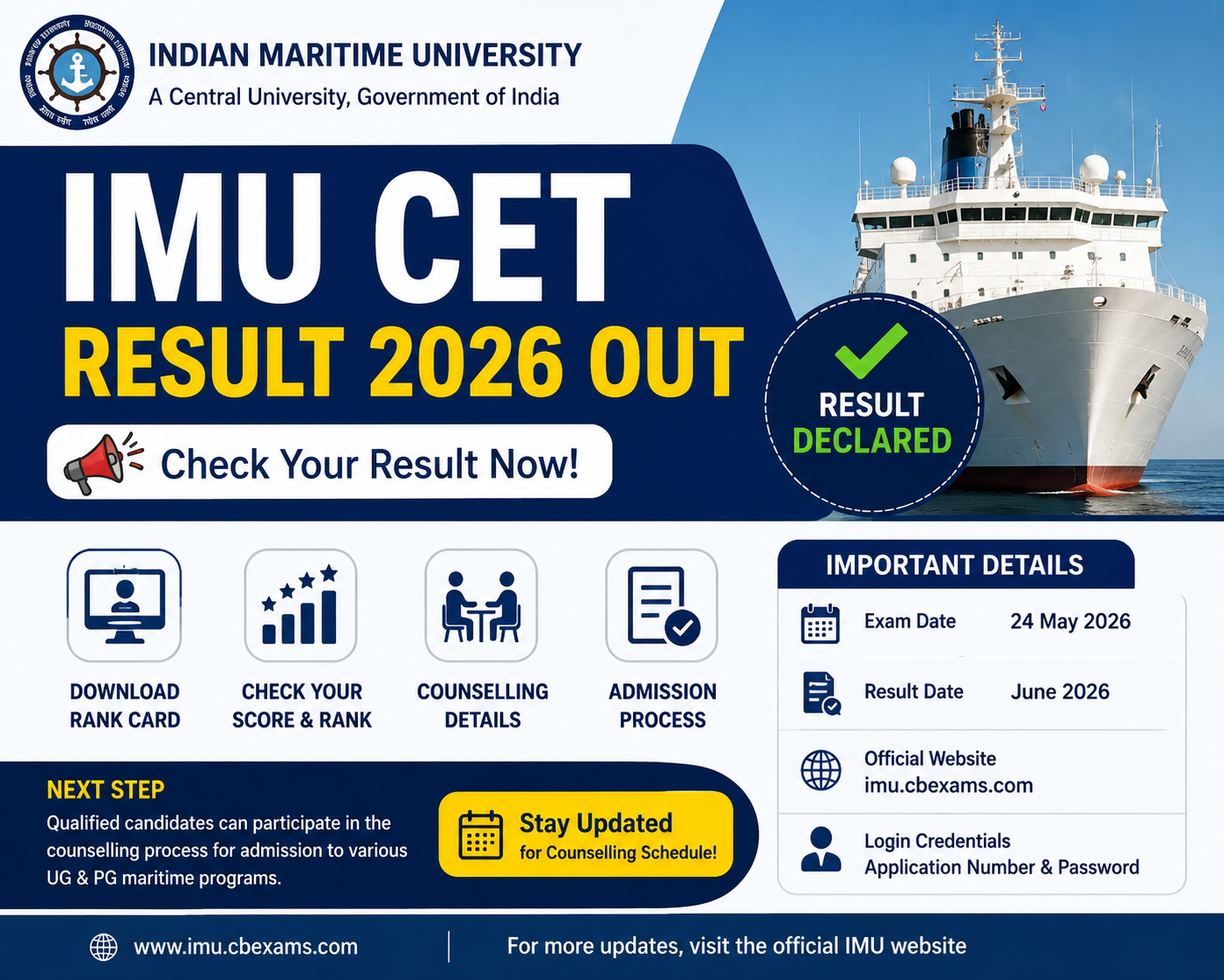 IMU CET Result 2026 Out at imu.cbexams.com, Download Rank Card & Check Counselling Details