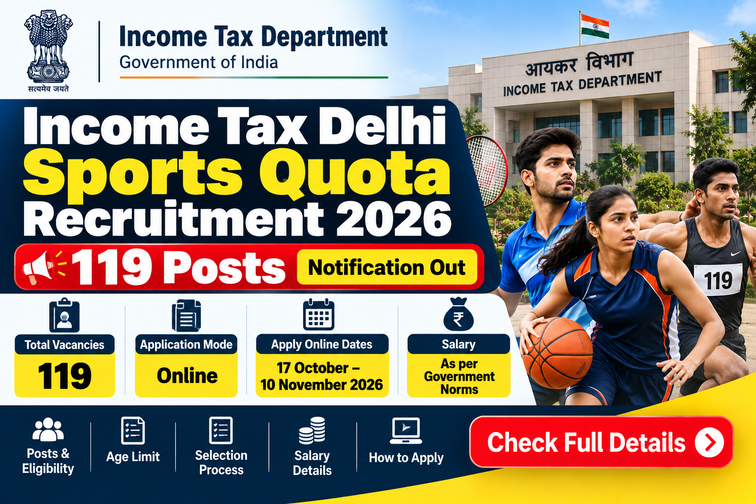 Income Tax Delhi Sports Quota Recruitment 2026 for 119 posts, apply online from 17 October to 10 November 2026