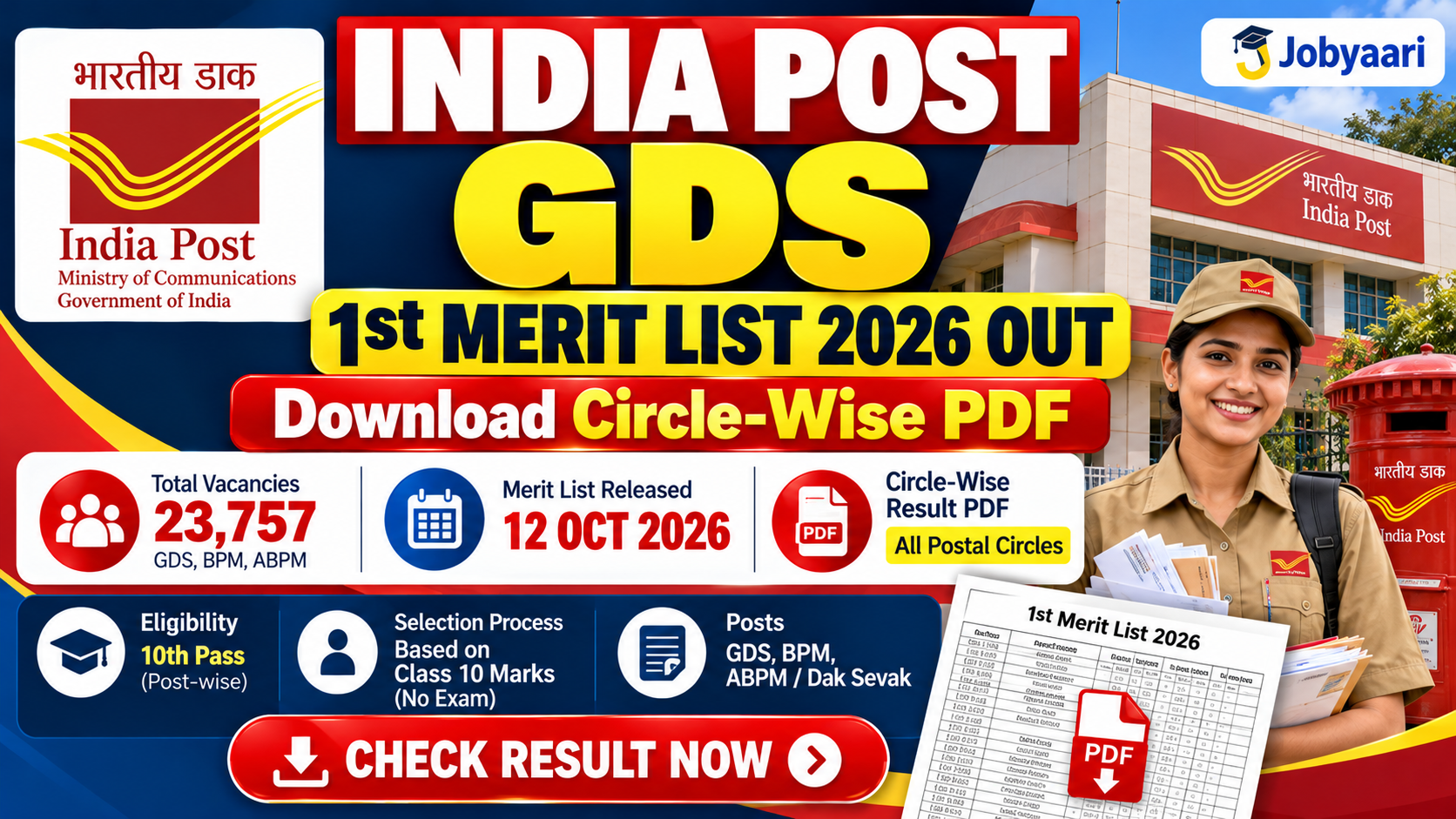 India Post GDS 1st Merit List 2026 Out – Download Circle-Wise Result PDF for 23,757 GDS, BPM and ABPM vacancies, released on 12 October 2026.