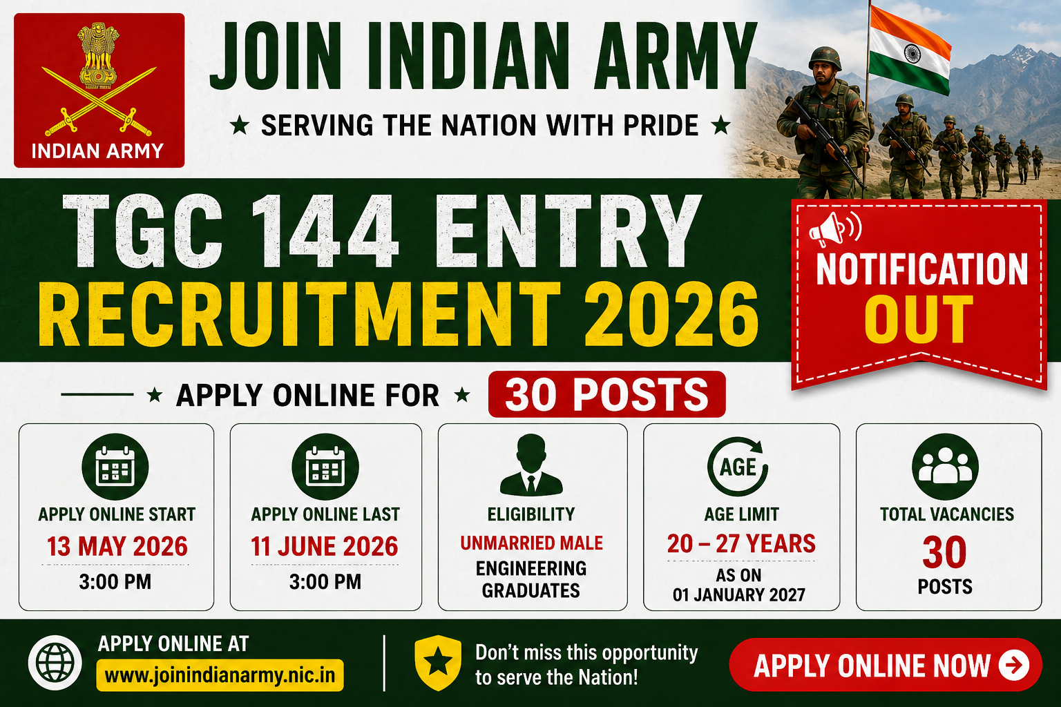 Indian Army TGC 144 Entry Recruitment 2026 - Apply Online for 30 Posts