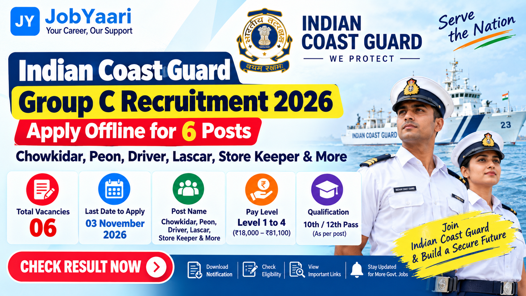 Indian Coast Guard Group C Recruitment 2026 – Apply Offline for 6 Store Keeper, Engine Driver, Lascar, Driver, Peon and Chowkidar Posts