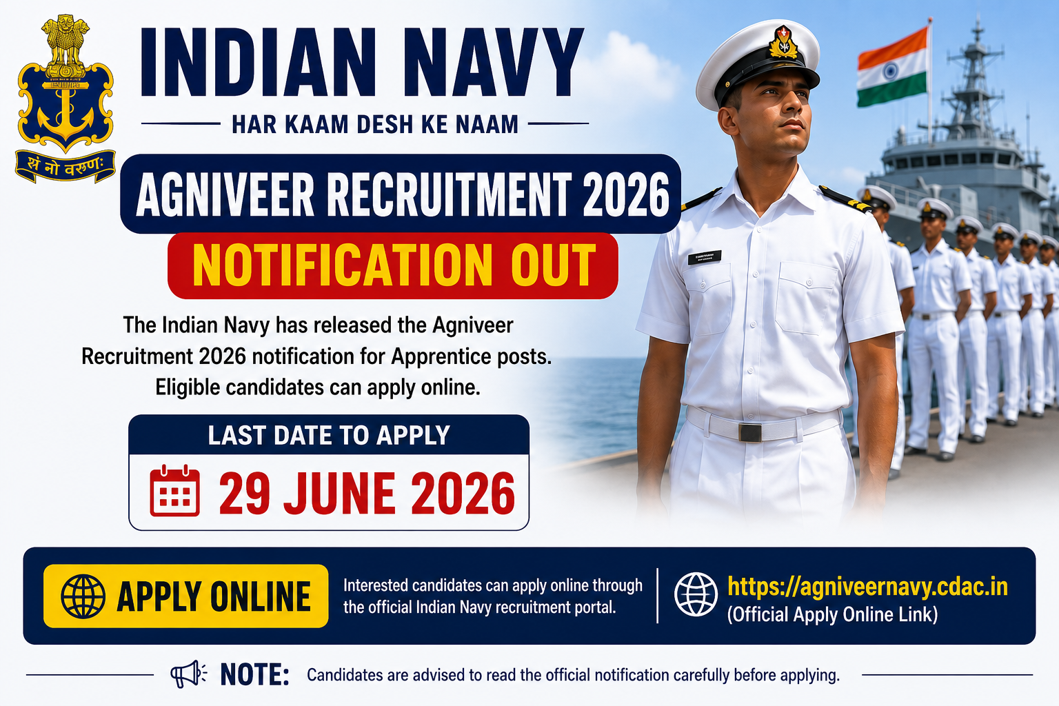 Indian Navy Agniveer Recruitment 2026 Notification Out for Apprentice Posts, Apply Online Till 29 Ju