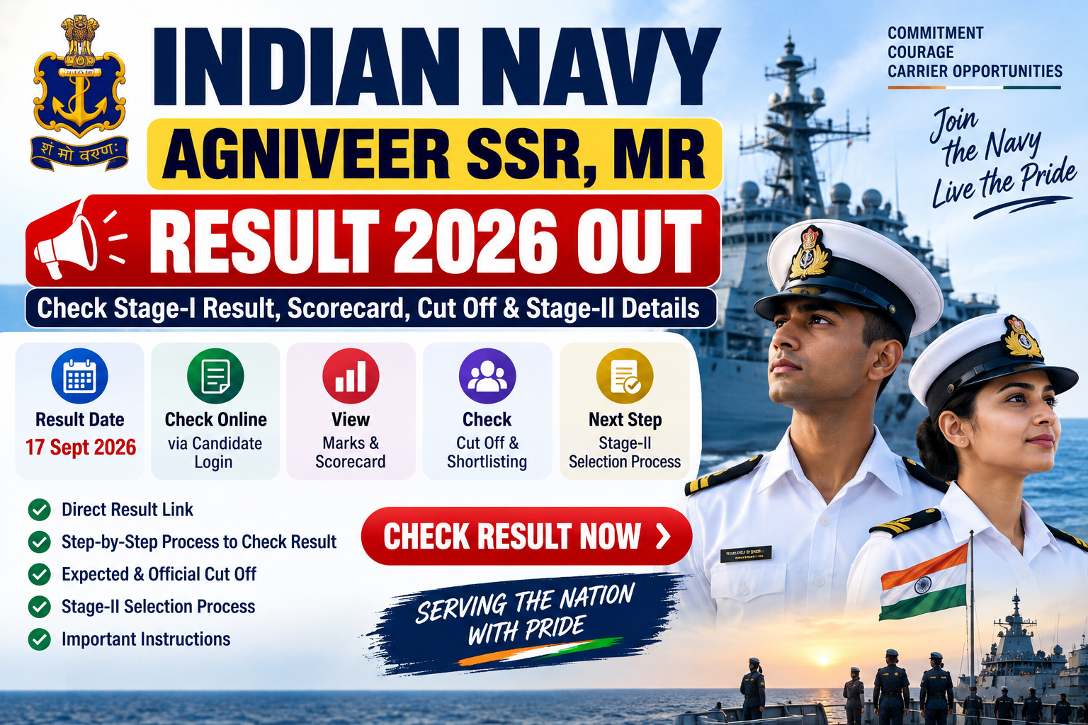 Indian Navy Agniveer SSR MR Result 2026 released – Check Stage-I Result, Scorecard, Cut Off and Stage-II Selection Process.