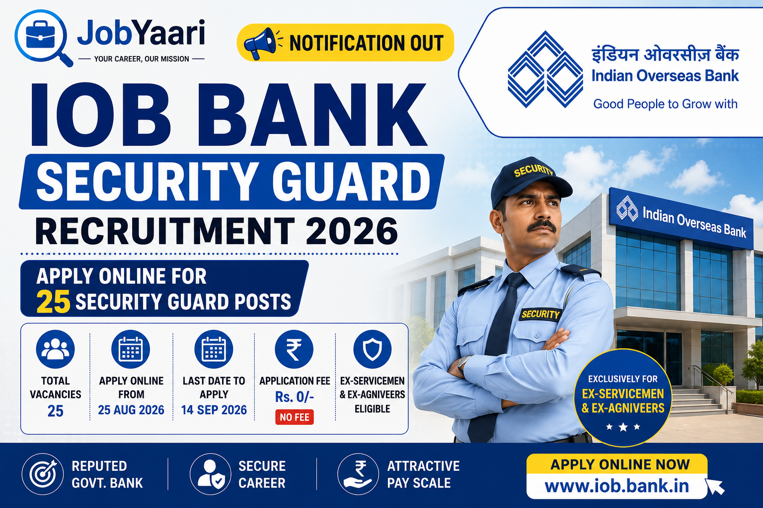 IOB Bank Security Guard Recruitment 2026: Notification OUT, Apply Online for 25 Security Guard Posts