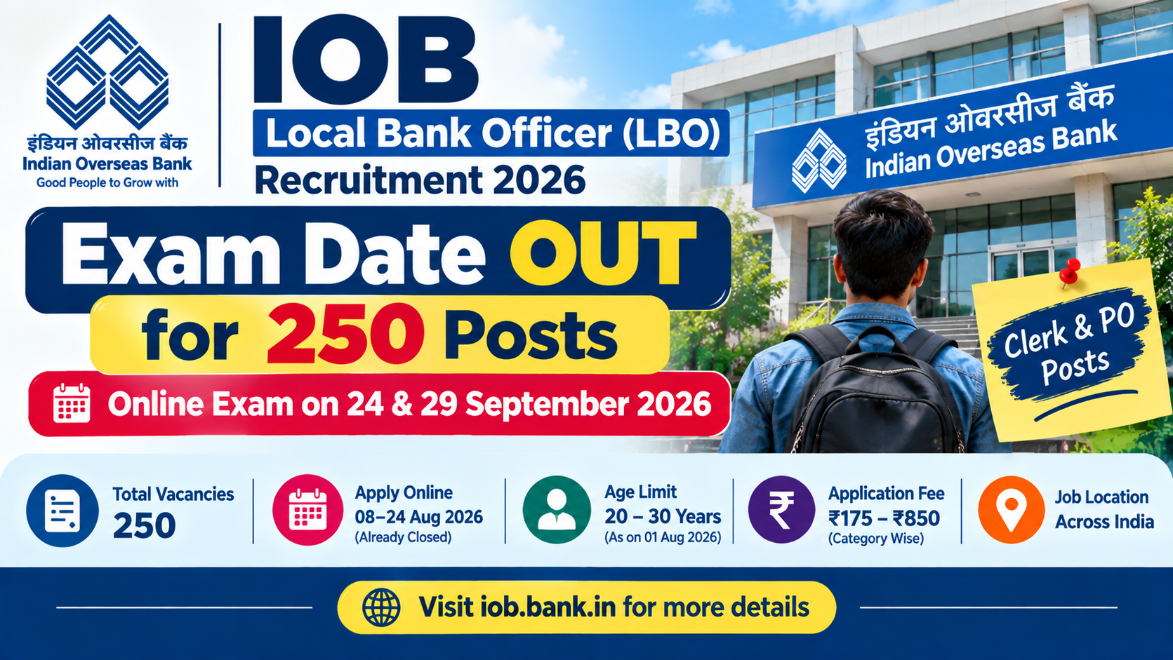 IOB Local Bank Officer (LBO) Recruitment 2026 Exam Date OUT for 250 Posts