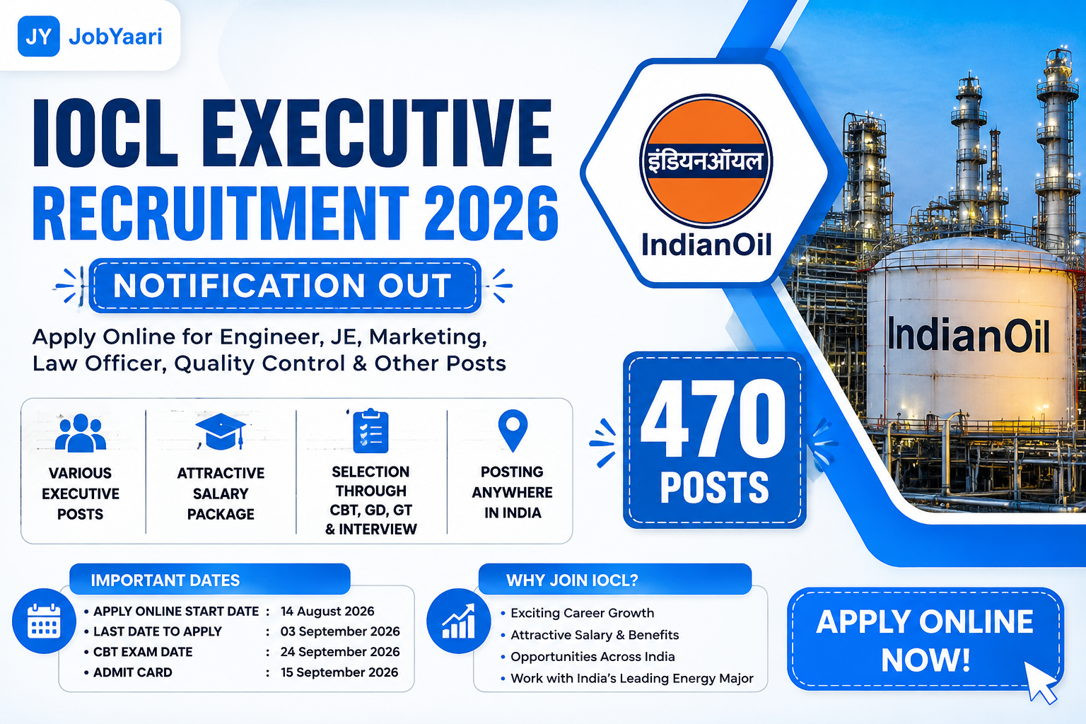 IOCL Executive Recruitment 2026 Notification OUT For 470 Posts, Apply Online For JE, Engineer Posts