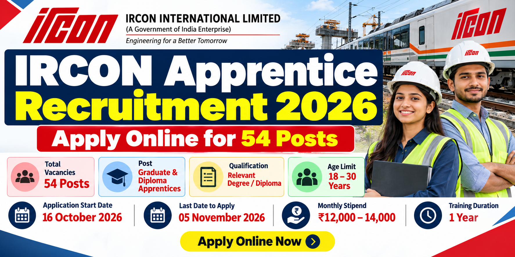 IRCON Apprentice Recruitment 2026: Apply Online for 54 Posts