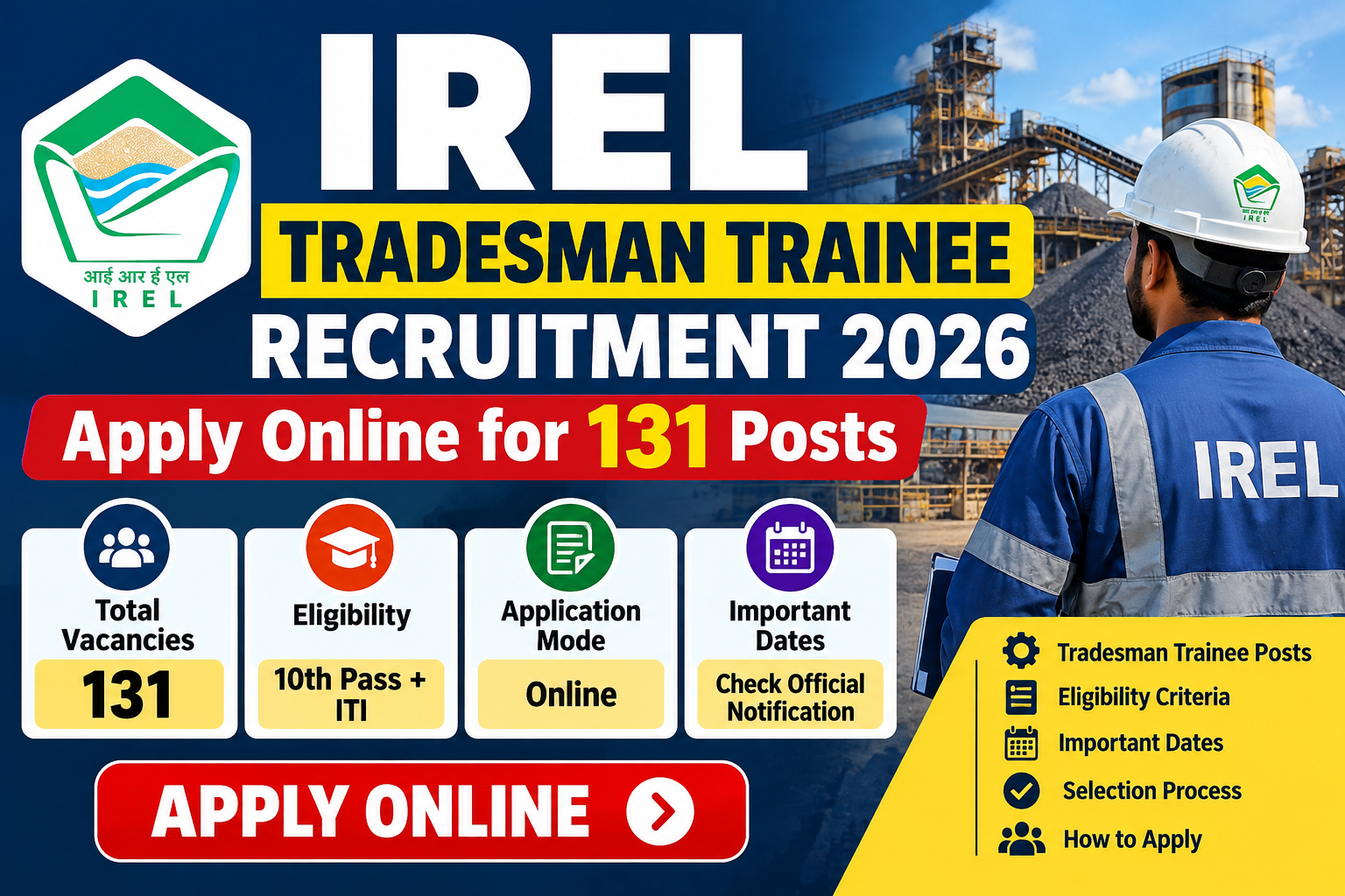 IREL Tradesman Trainee Recruitment 2026: Apply Online for 131 Posts, Eligibility and Important Dates