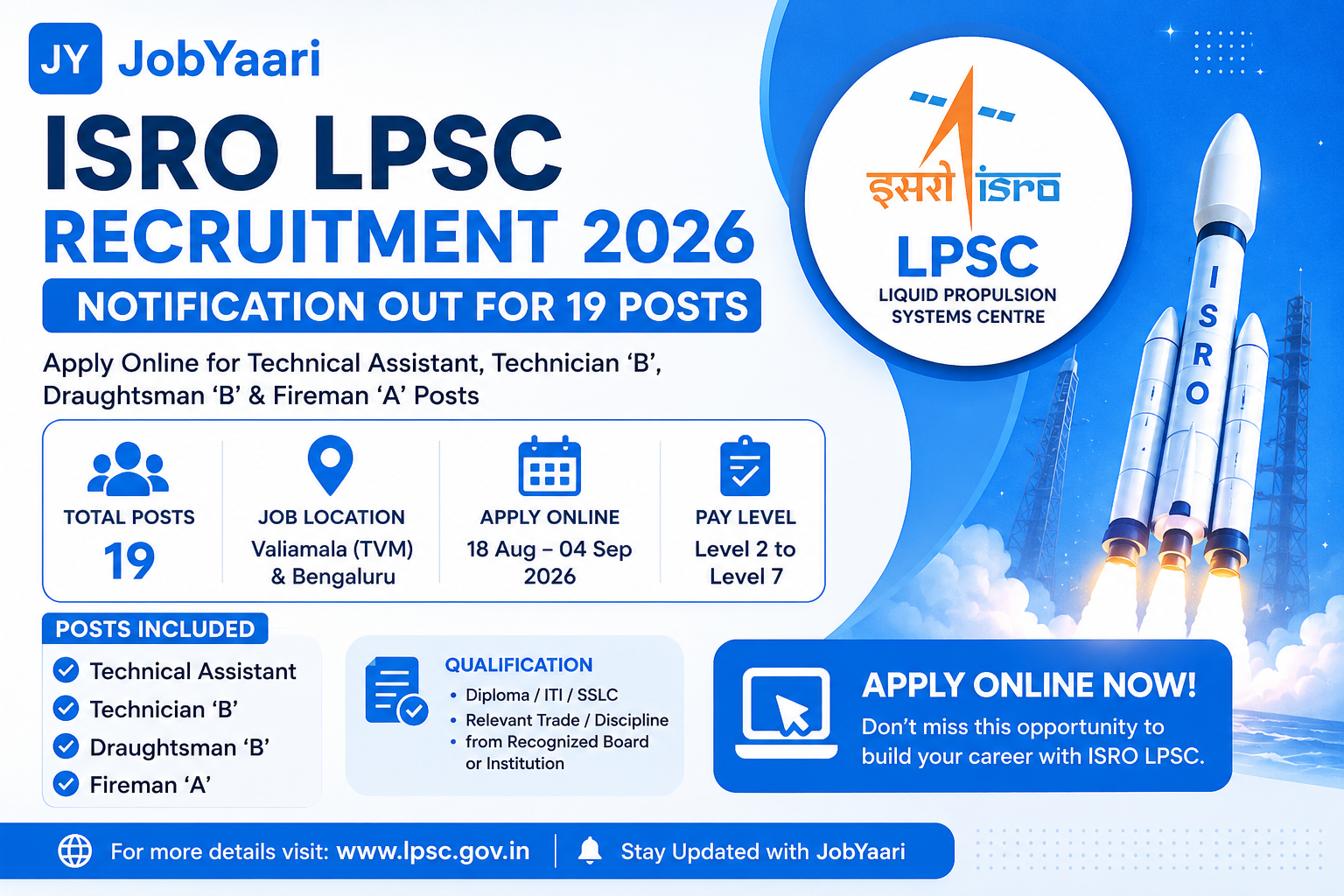 ISRO LPSC Recruitment 2026 Notification OUT for 19 Posts – Apply Online for Technical Assistant, Technician B, Draughtsman and Fireman