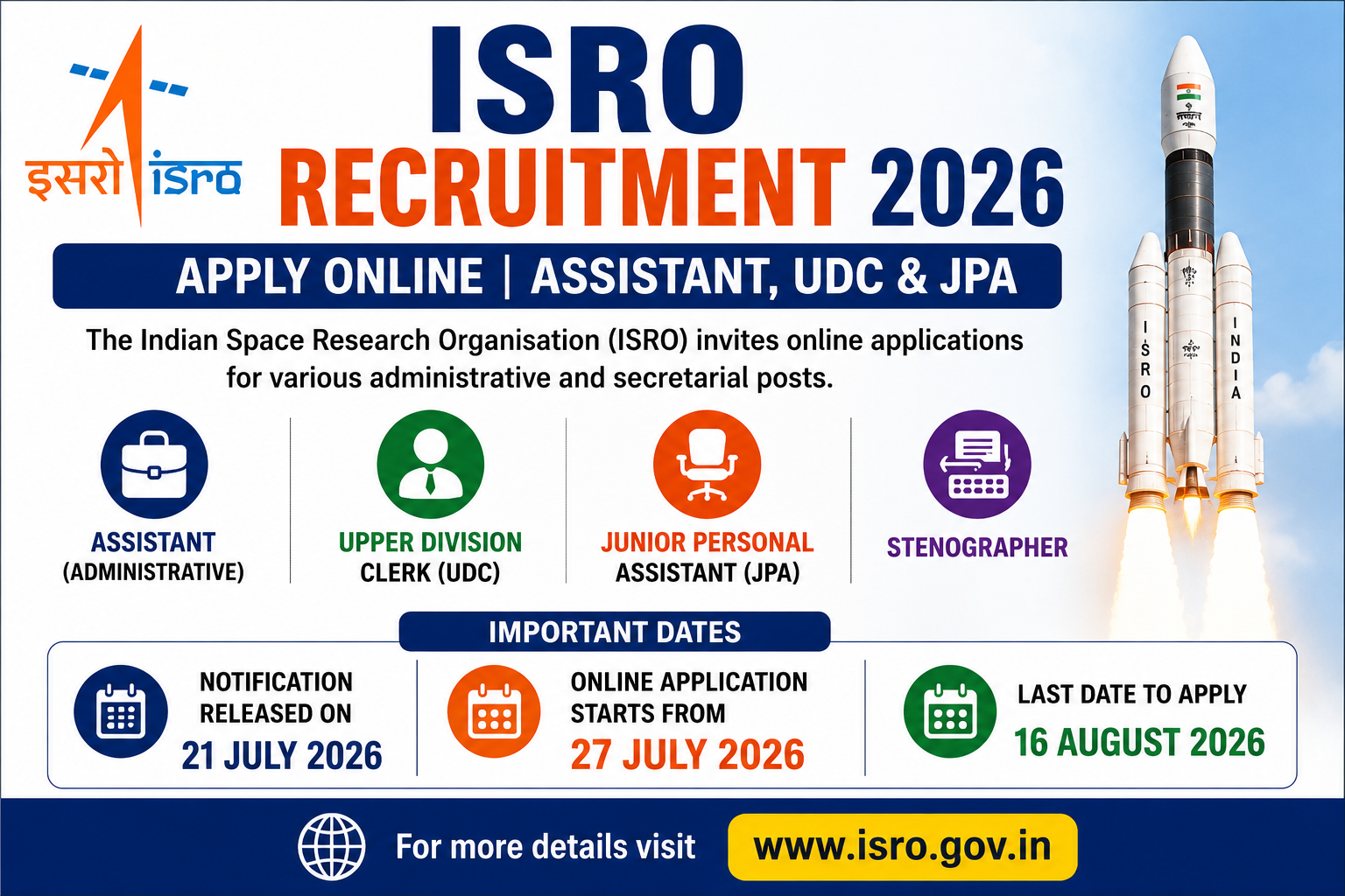 ISRO Recruitment 2026 Apply Online | Assistant, UDC & JPA