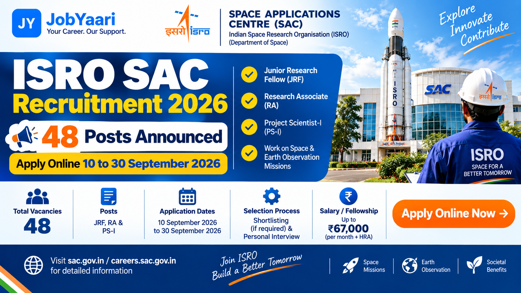 ISRO SAC Recruitment 2026 – 48 JRF, Research Associate and Project Scientist-I Vacancies, Apply Online
