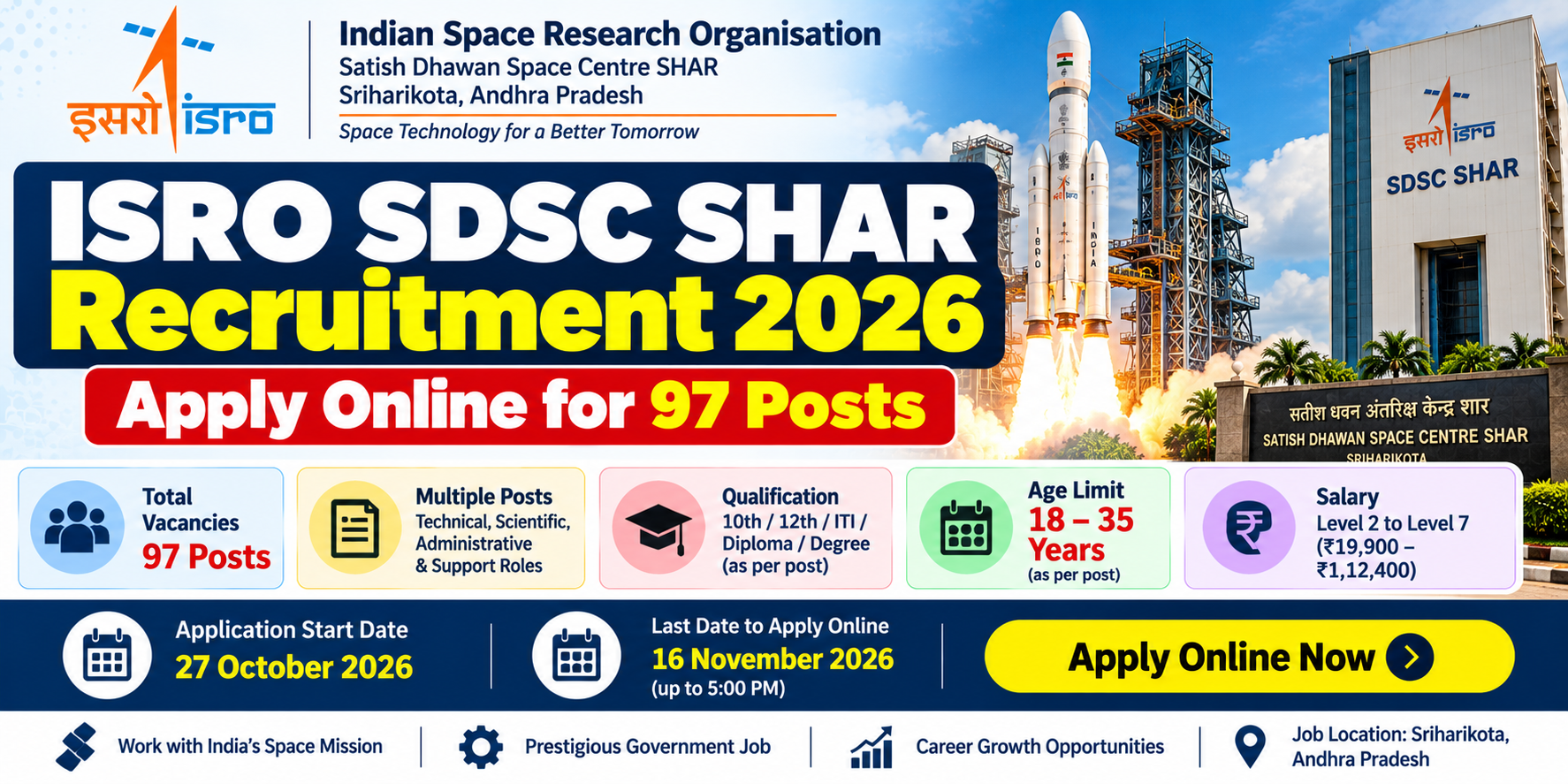 ISRO SDSC SHAR Recruitment 2026: Apply Online for 97 Posts, Eligibility & Dates