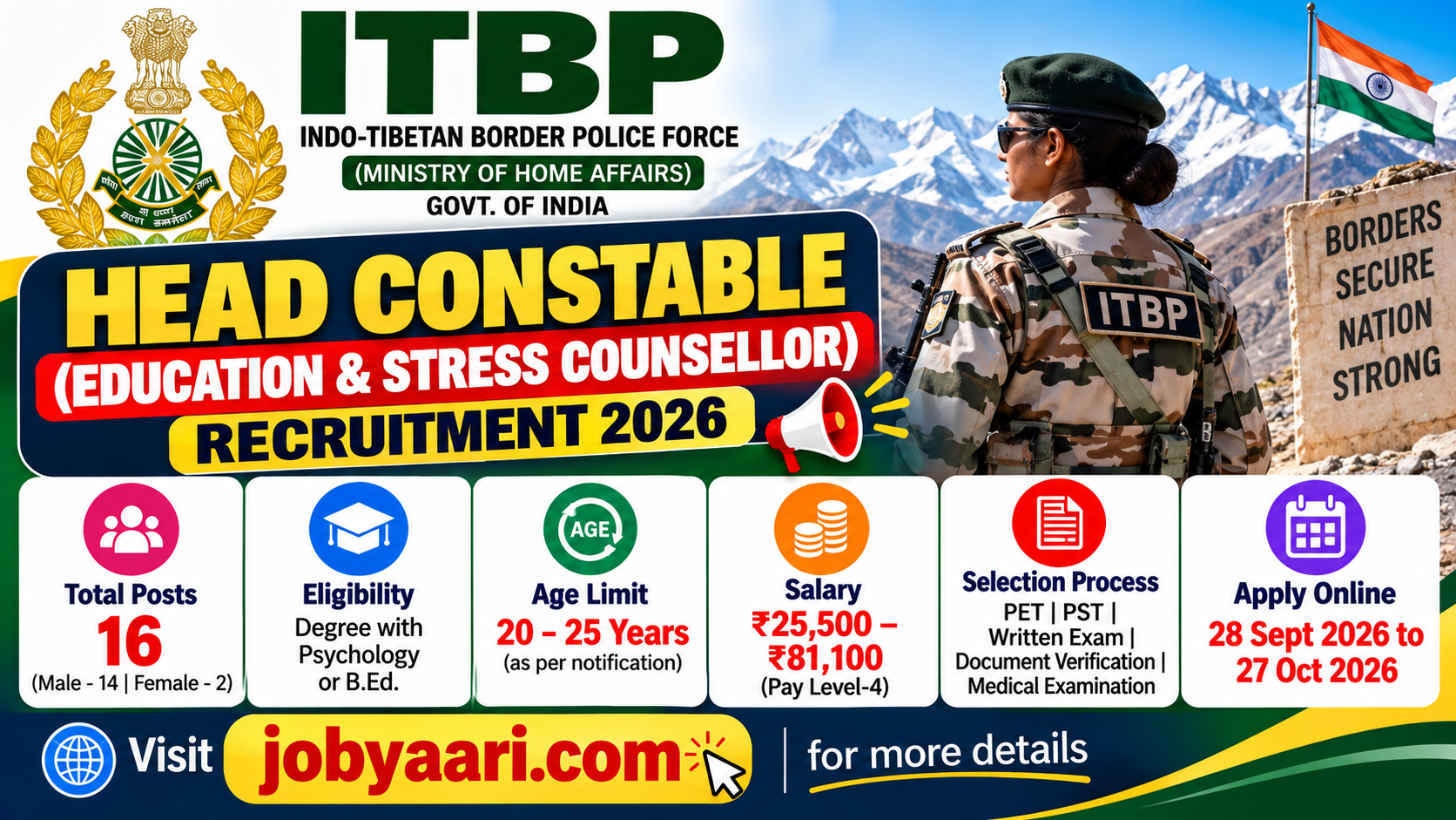 ITBP Head Constable Education & Stress Counsellor Recruitment 2026: Apply Online for 16 Posts