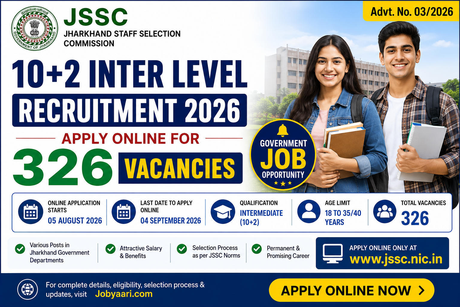 JSSC 10+2 Inter Level Recruitment 2026 Notification for 326 Posts – Apply Online