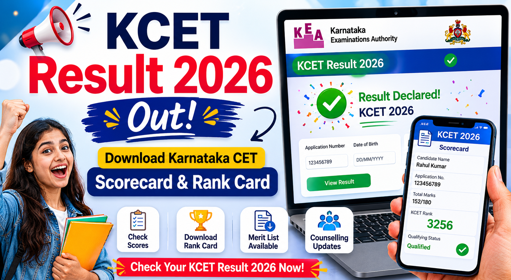 KCET Result 2026 Out, Download Karnataka CET Scorecard & Rank Card