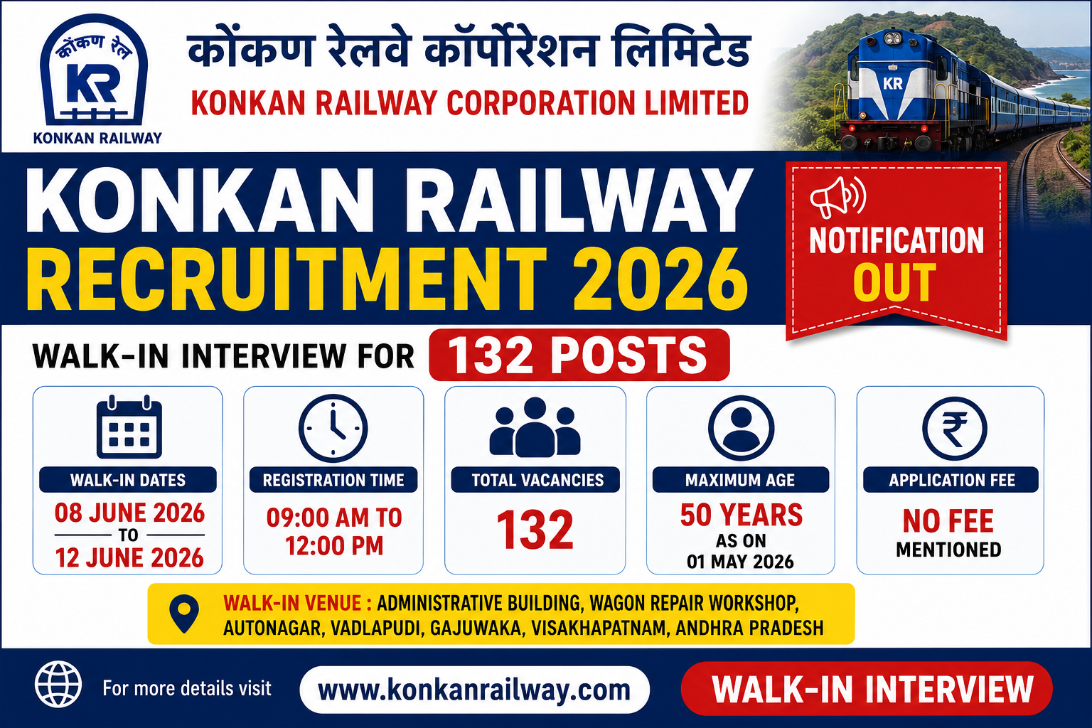 Konkan Railway Recruitment 2026 Notification Out - Walk-in for 132 Posts