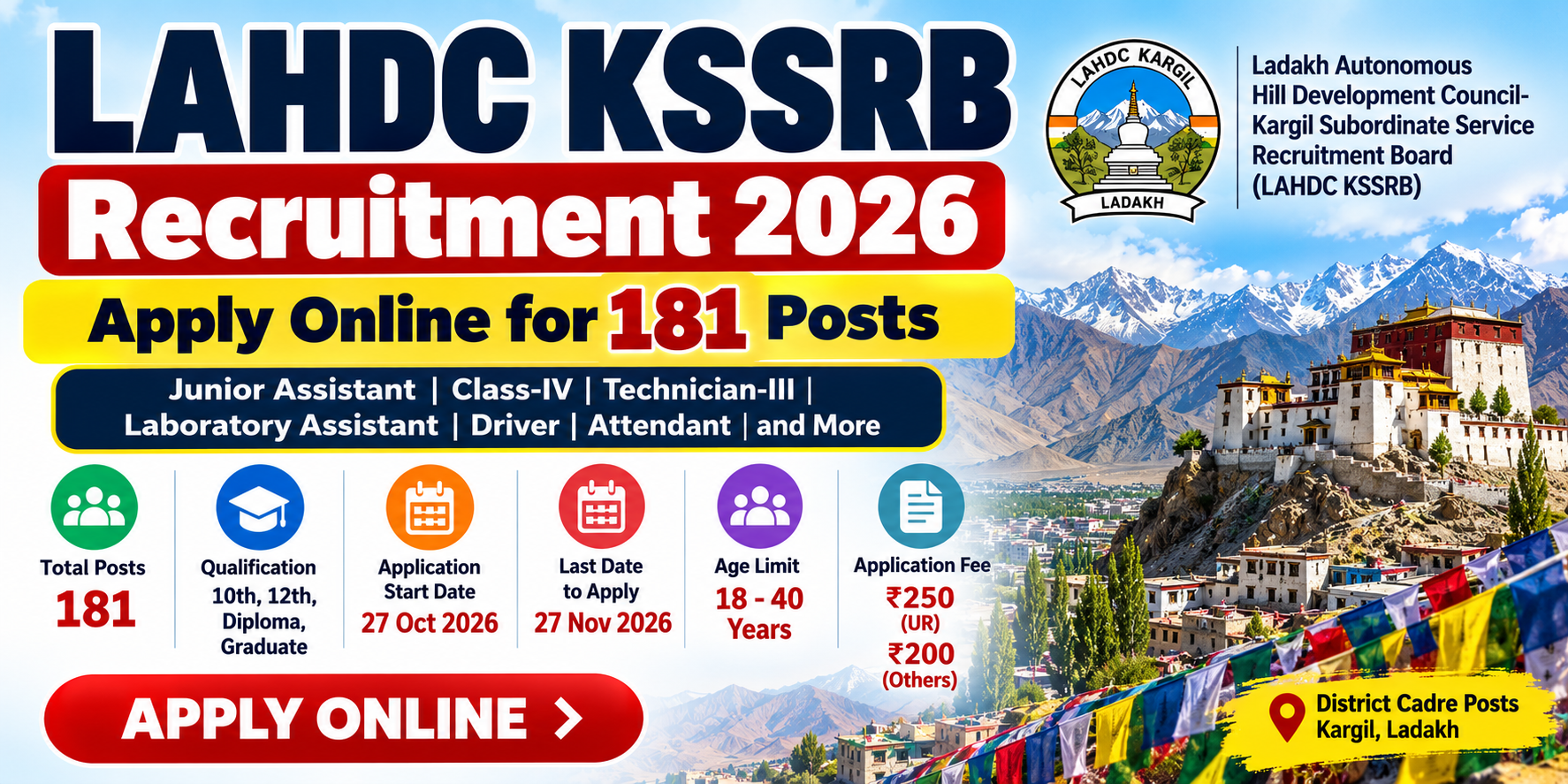 LAHDC KSSRB Recruitment 2026: Apply Online for 181 Posts
