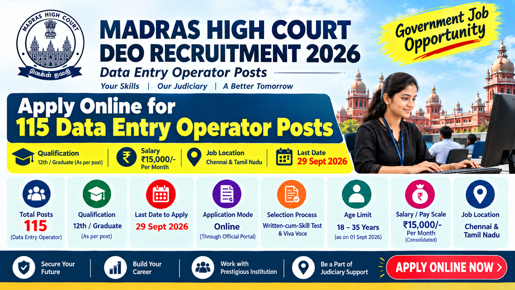 Madras High Court DEO Recruitment 2026: Apply Online for 115 Data Entry Operator Posts