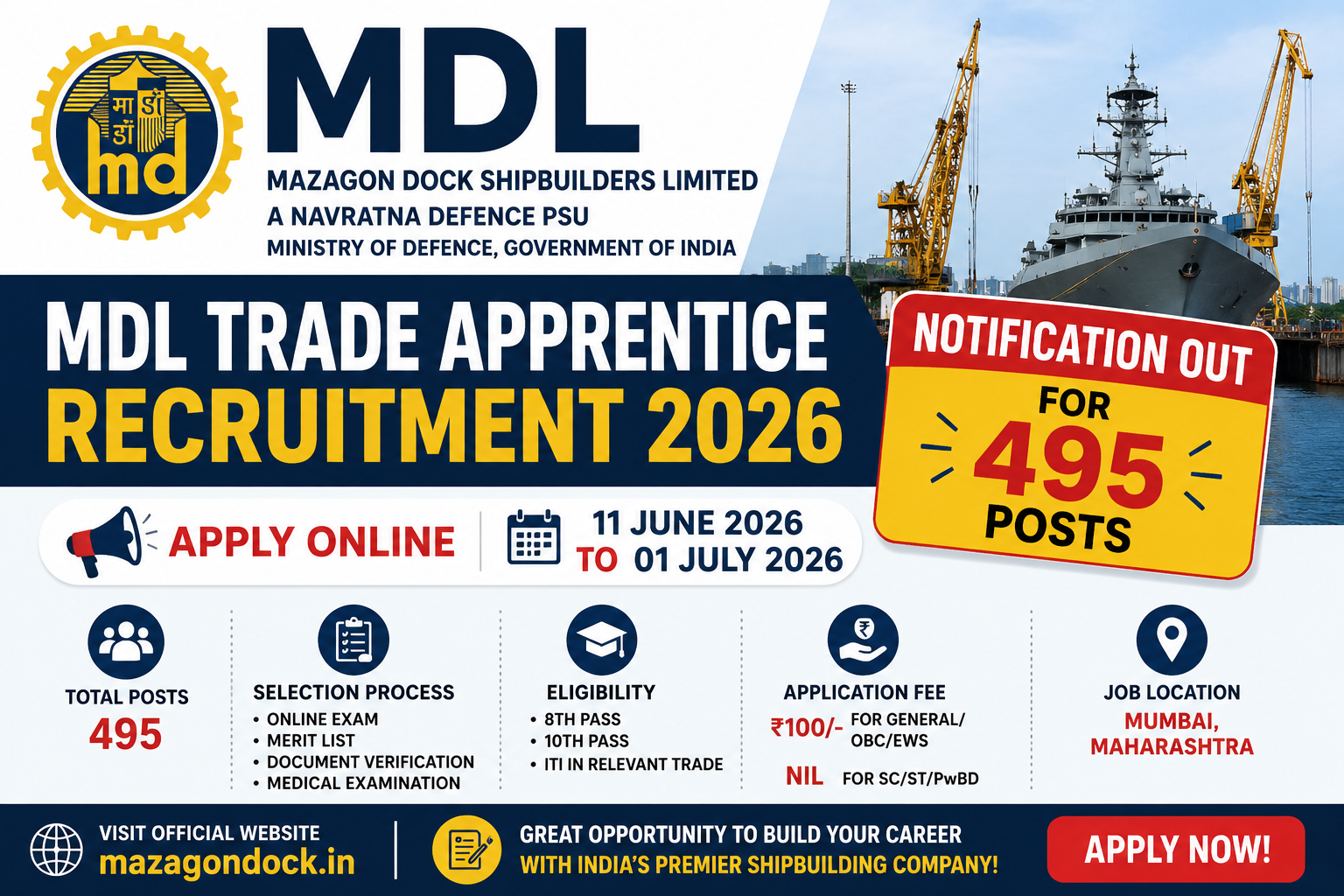 MDL Trade Apprentice Recruitment 2026 Notification Out for 495 Posts, Apply Online
