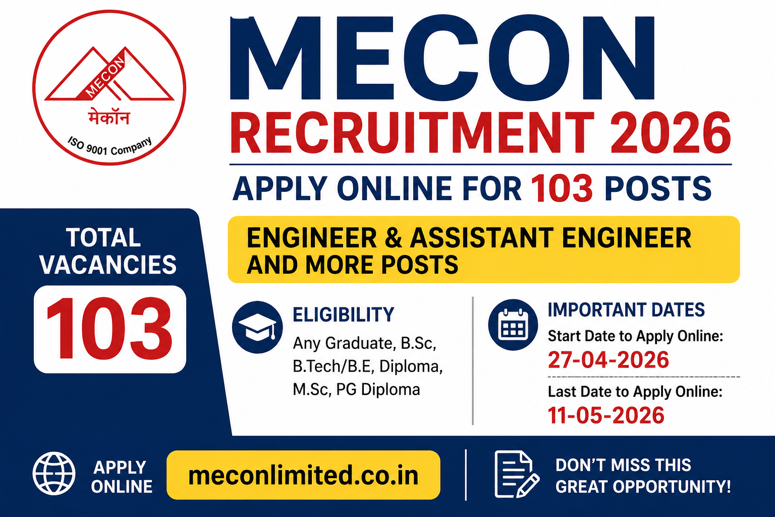 MECON Recruitment 2026 Apply Online for 103 Engineer & Assistant Engineer Posts | Eligibility, Last 