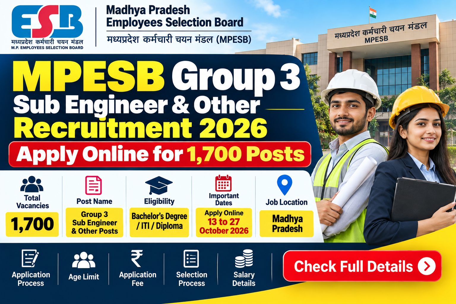 MPESB Group 3 Sub Engineer and Other Recruitment 2026 for 1,700 posts, eligibility, important dates and apply online details