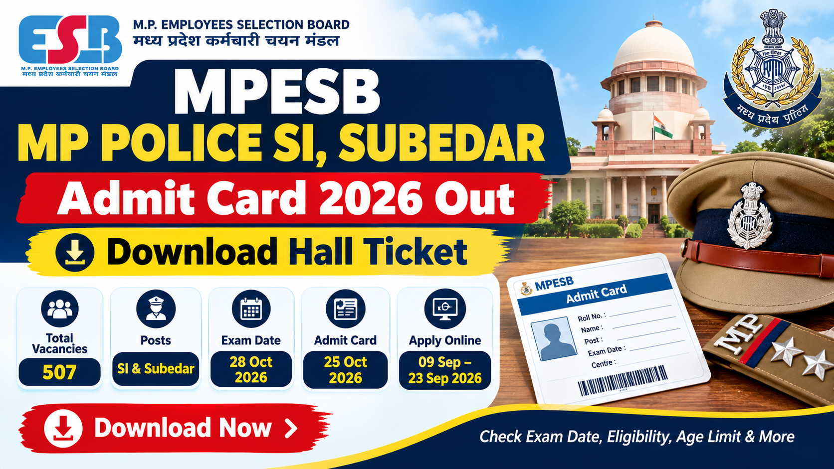 MPESB MP Police SI, Subedar Admit Card 2026 Out: Download Hall Ticket