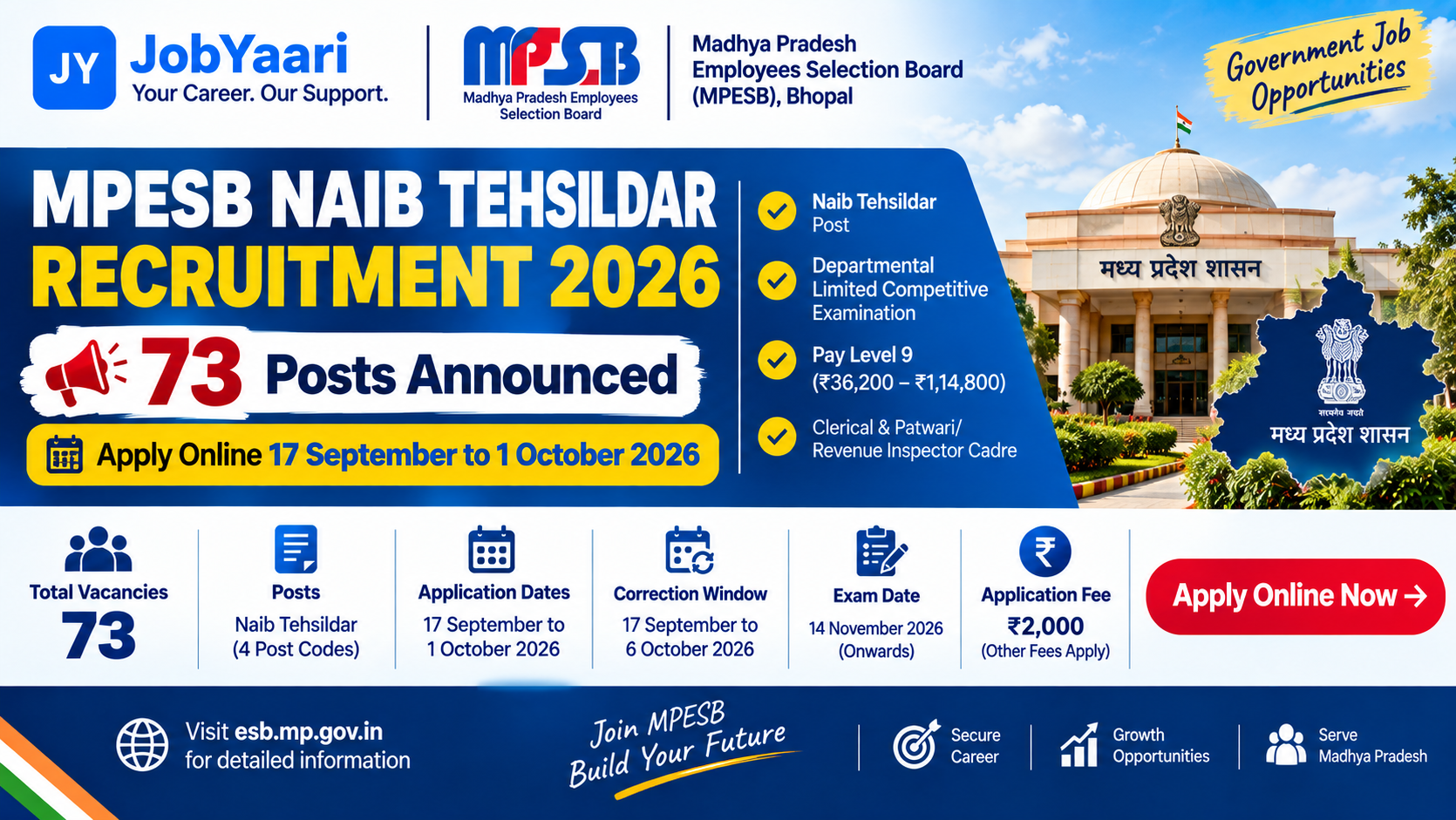 MPESB Naib Tehsildar Recruitment 2026 – 73 Vacancies, Apply Online, Eligibility, Exam Date and Salary