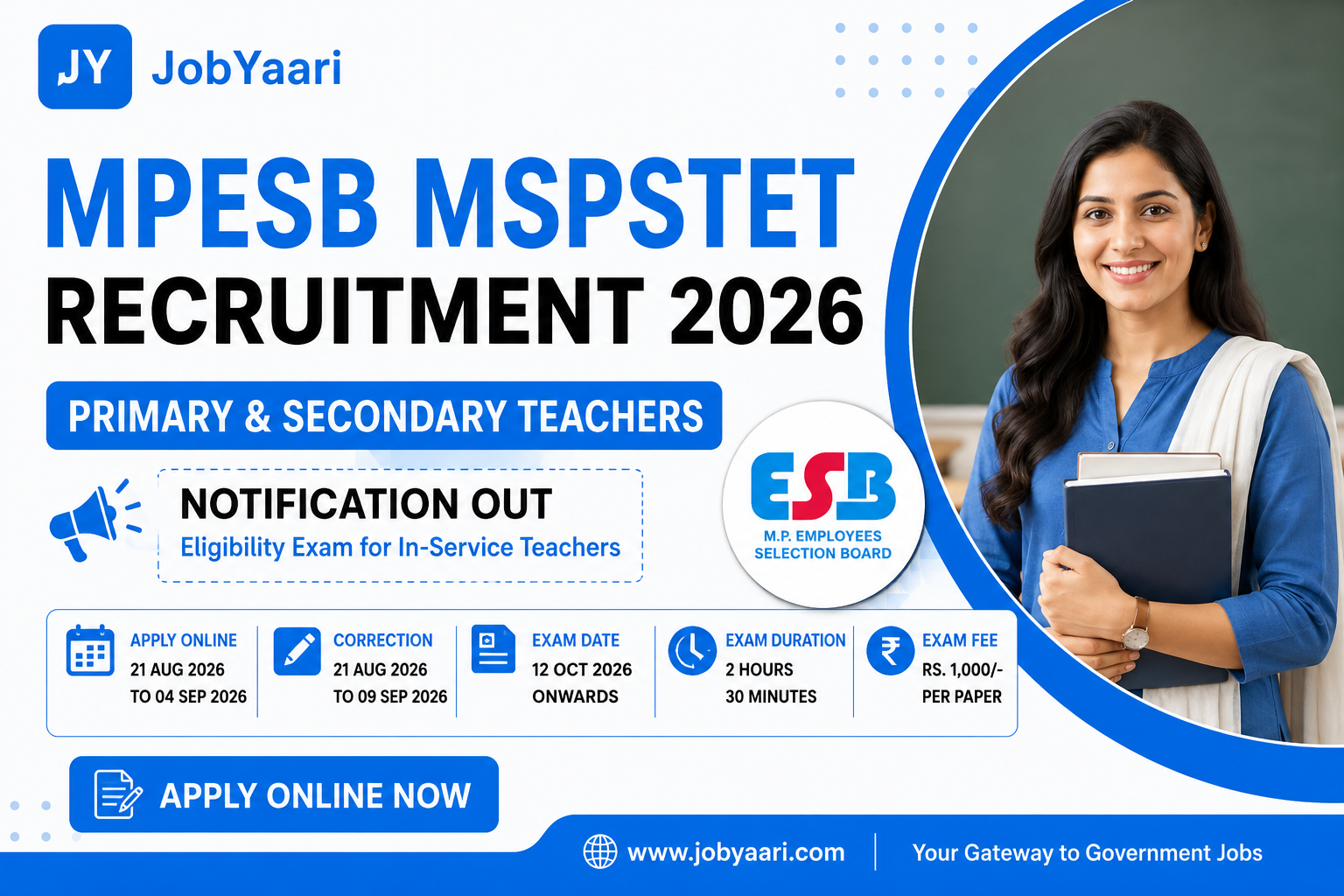 MPESB Primary and Secondary Teachers MSPSTET Recruitment 2026: Notification, Apply Online, Exam Date