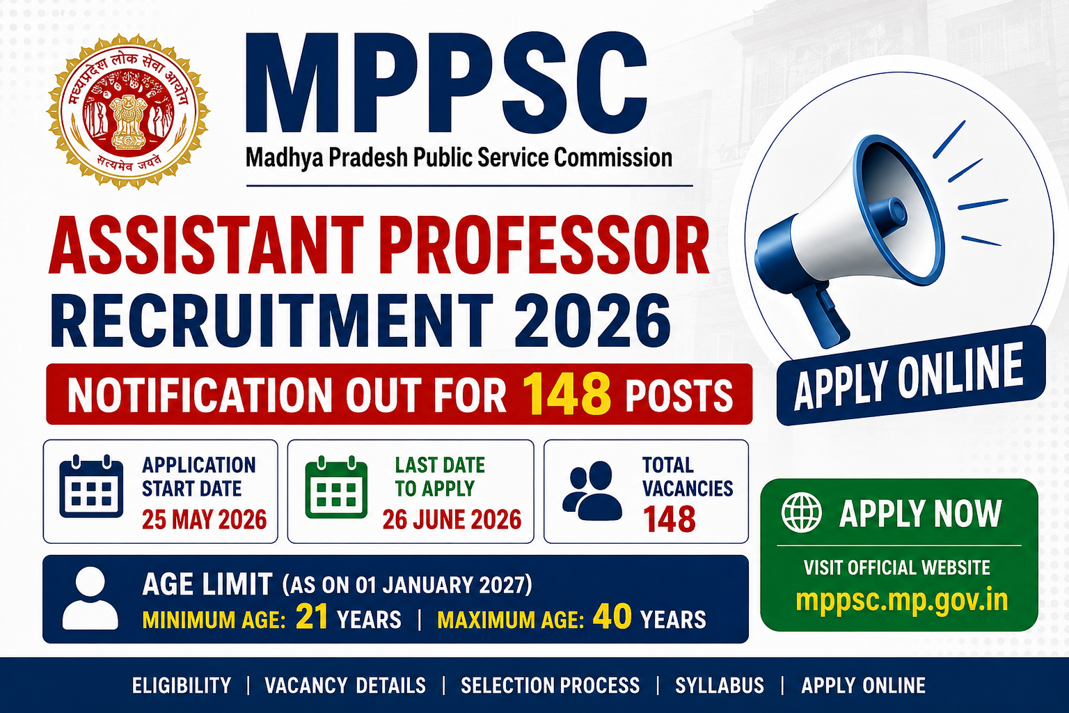 MPPSC Assistant Professor Recruitment 2026 Notification Out for 148 Posts, Apply Online
