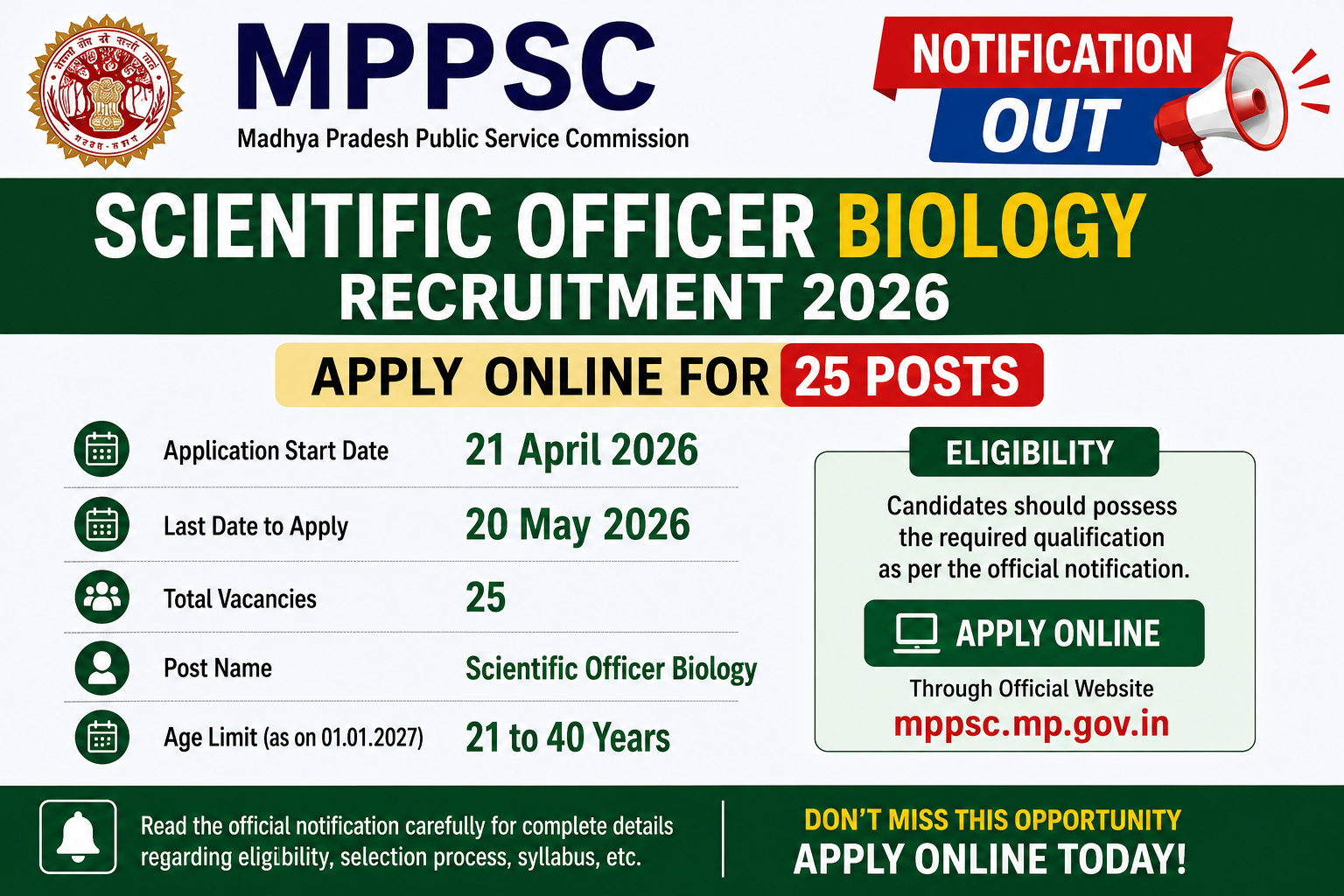MPPSC Scientific Officer Biology Recruitment 2026 Notification Out – Apply Online for 25 Posts