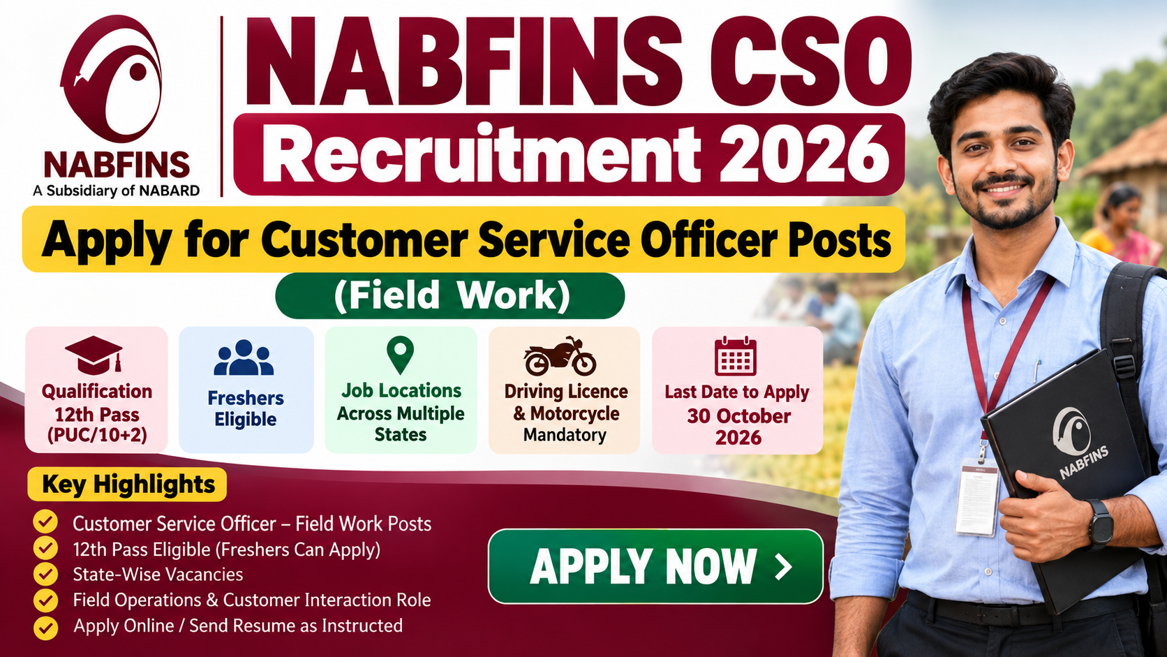 NABFINS CSO Recruitment 2026 – Customer Service Officer Field Work Vacancy for 12th Pass Candidates