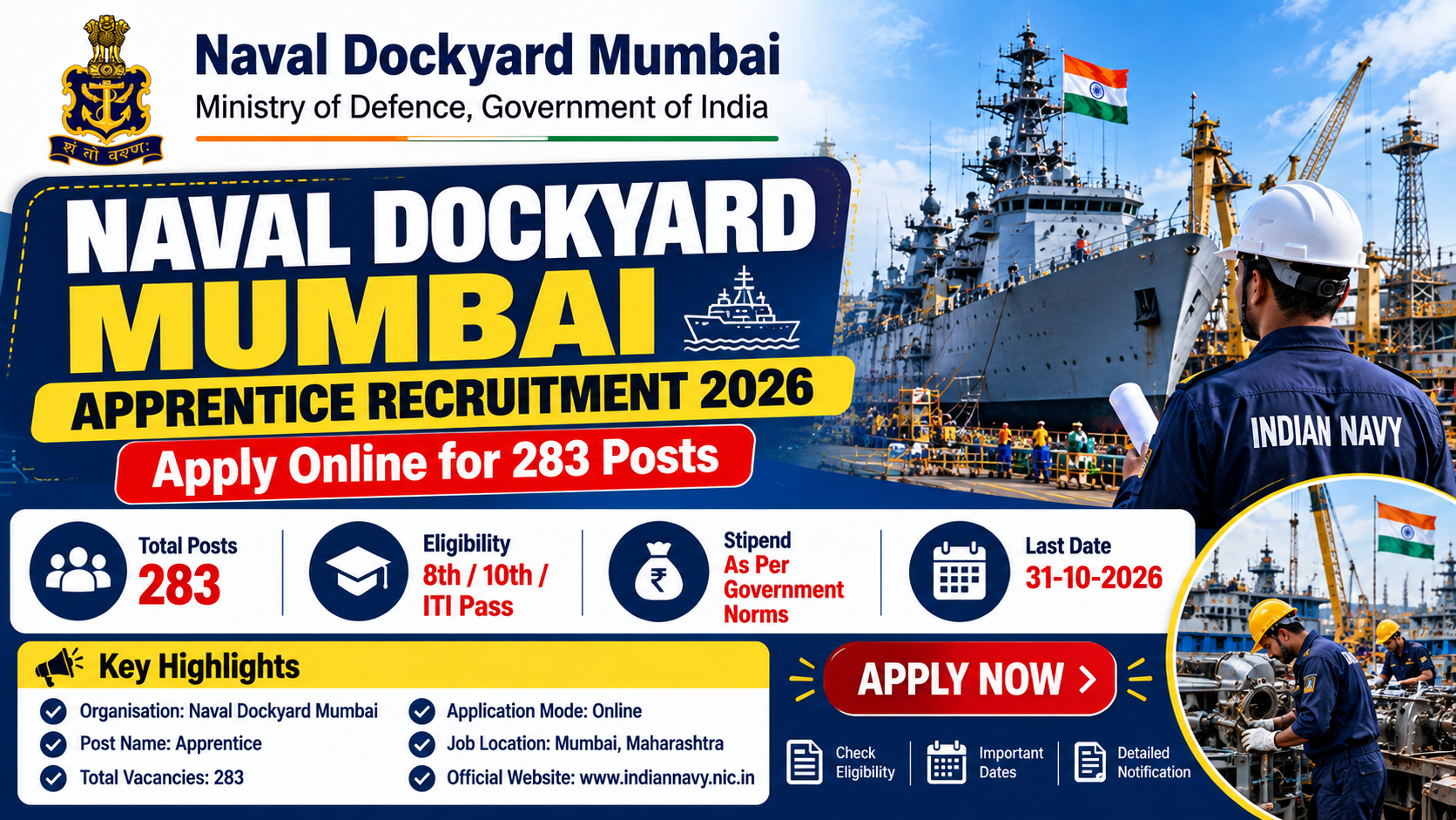 Naval Dockyard Mumbai Apprentice Recruitment 2026: Apply Online for 283 Posts, Eligibility & Dates