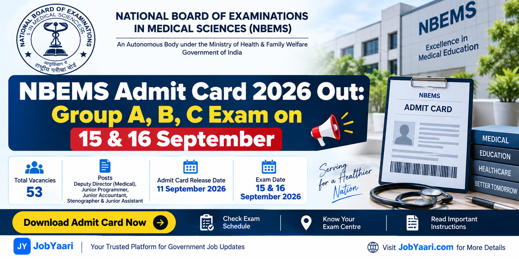 NBEMS Admit Card 2026 released for Group A B C posts, exam on 15 and 16 September 2026