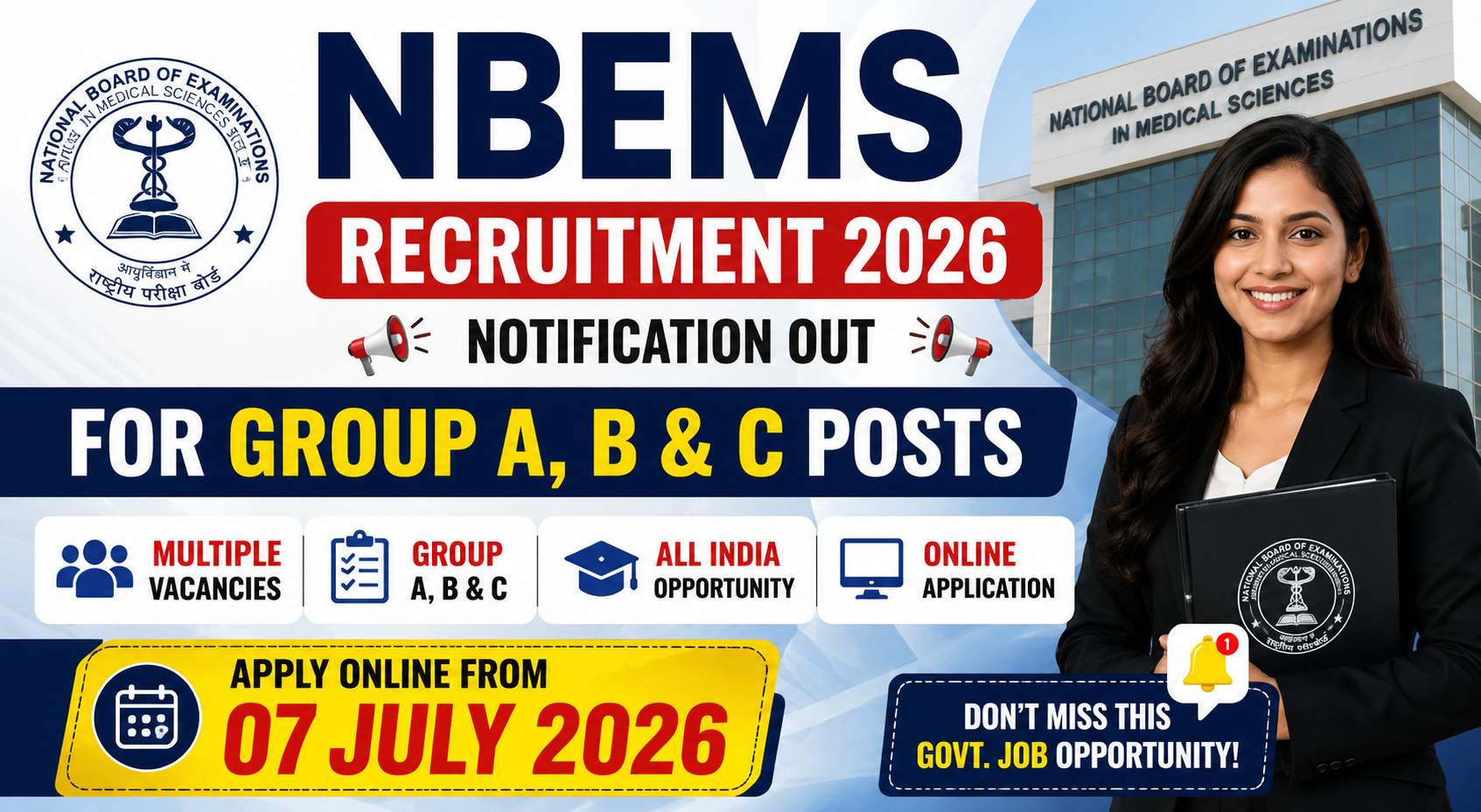 NBEMS Recruitment 2026 Notification Out for Group A, B & C Posts, Apply Online from 07 July