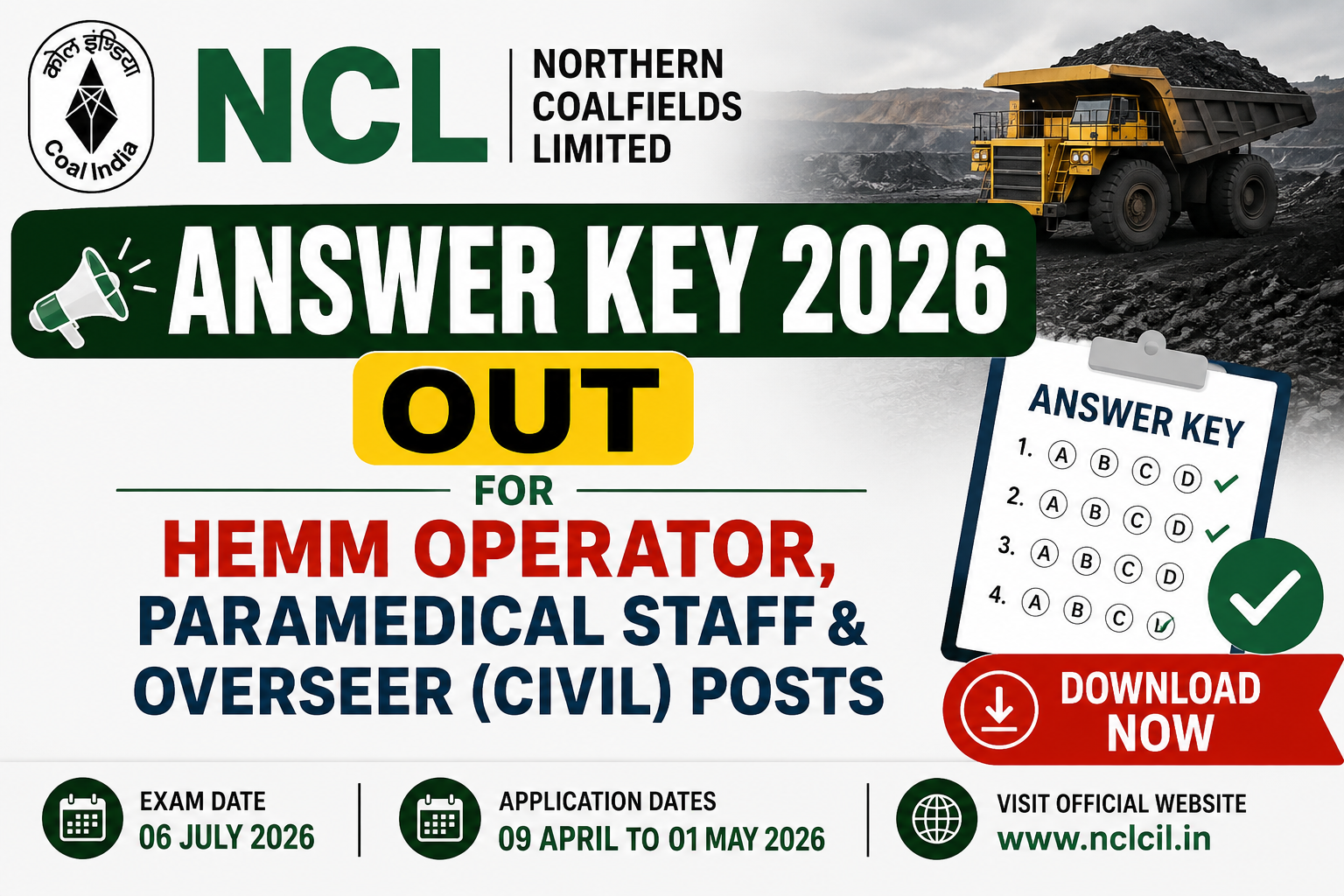 NCL Answer Key 2026 Out for HEMM Operator, Paramedical Posts
