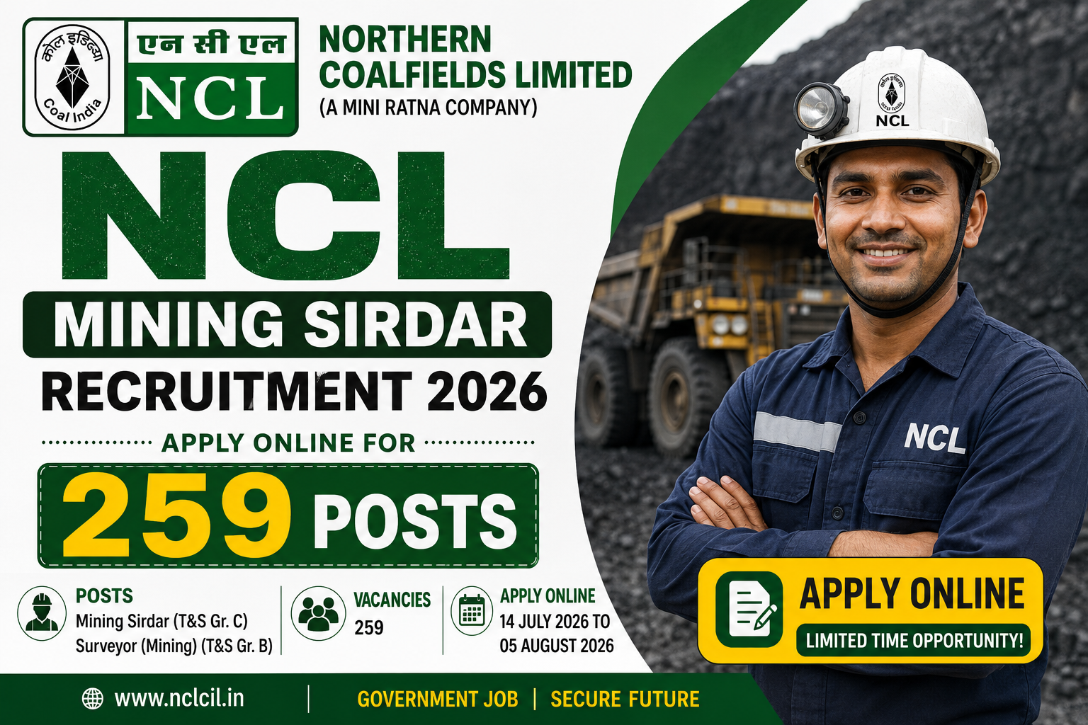 NCL Mining Sirdar Recruitment 2026 Apply Online for 259 Posts