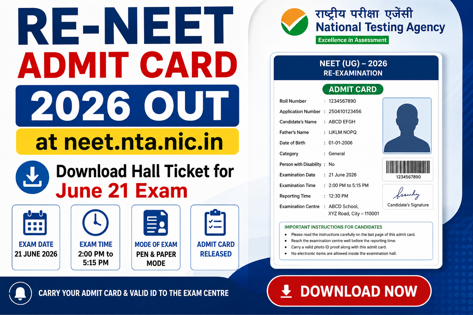 NEET Admit Card 2026 Out at neet.nta.nic.in, Download Hall Ticket for June 21 Exam
