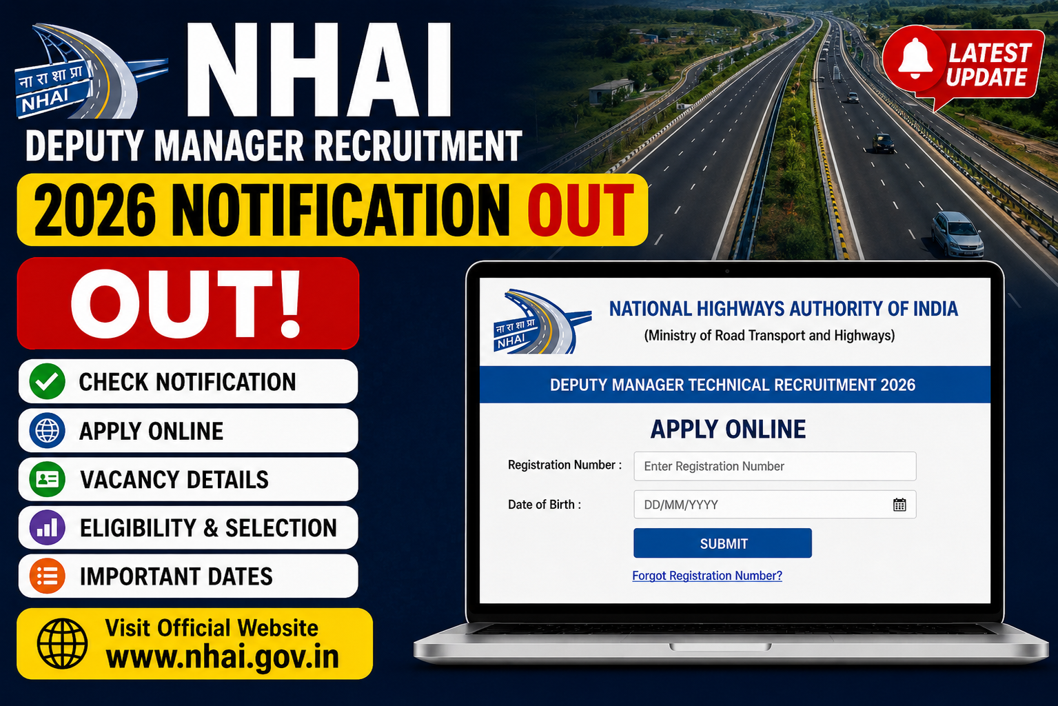 NHAI Deputy Manager Recruitment 2026 Notification Out - Apply Online for 60 Posts