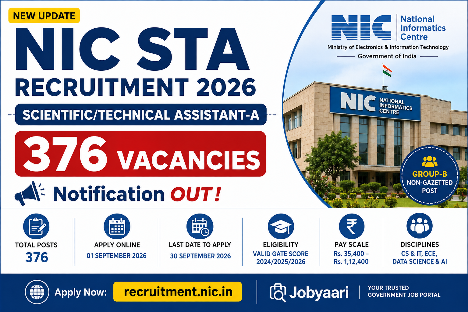 NIC STA Recruitment 2026: Apply Online for 376 Scientific/Technical Assistant Posts, Eligibility, GA