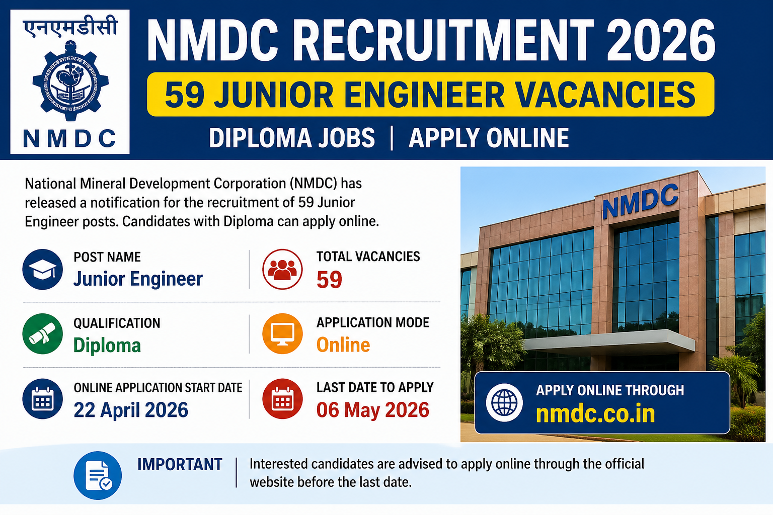 NMDC Recruitment 2026 Apply Online – 59 Junior Engineer Vacancies | Diploma Jobs | Last Date 6 May