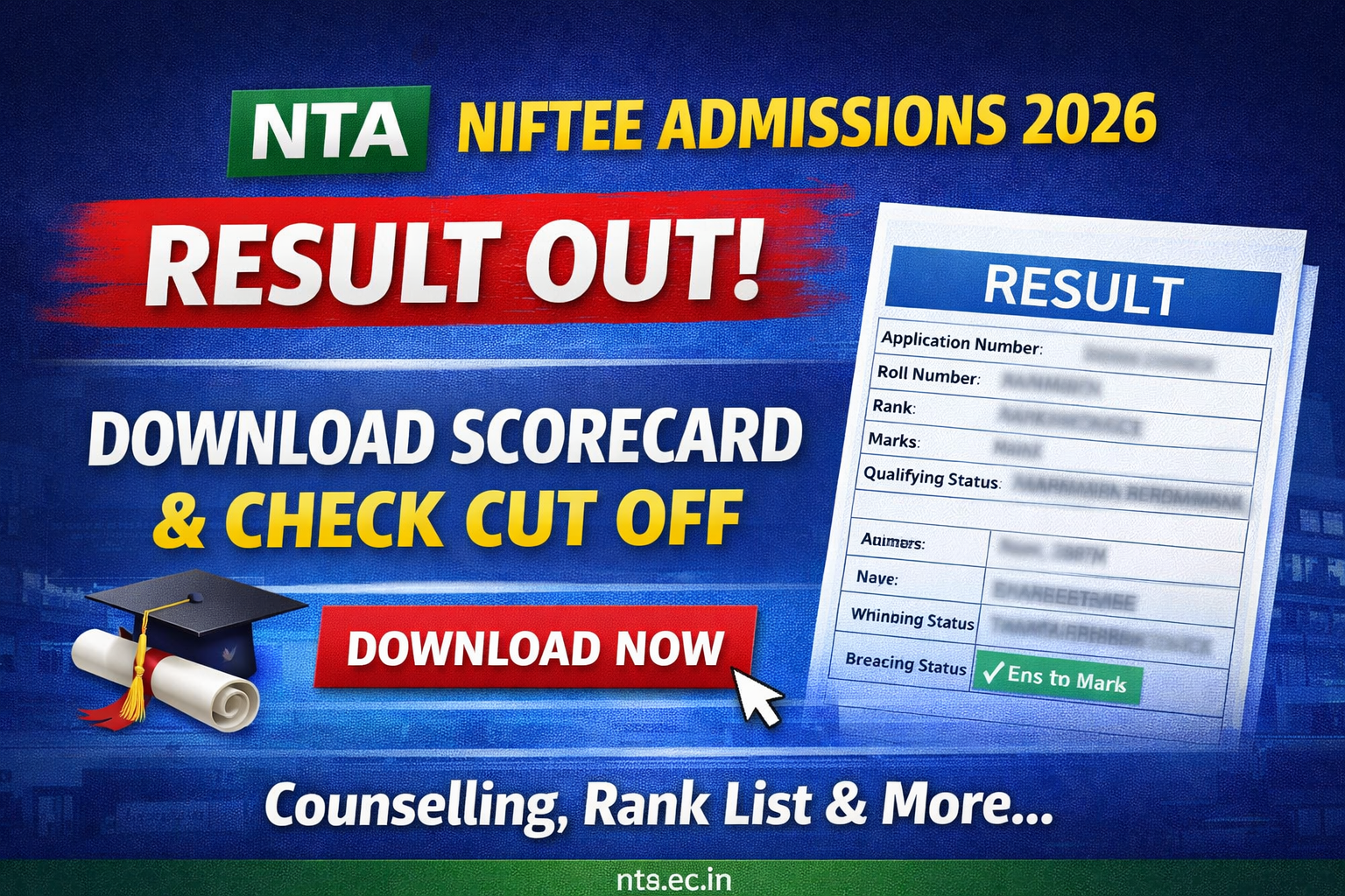 NTA NIFTEE Admissions 2026 Result Out, Download Scorecard & Check Cut Off