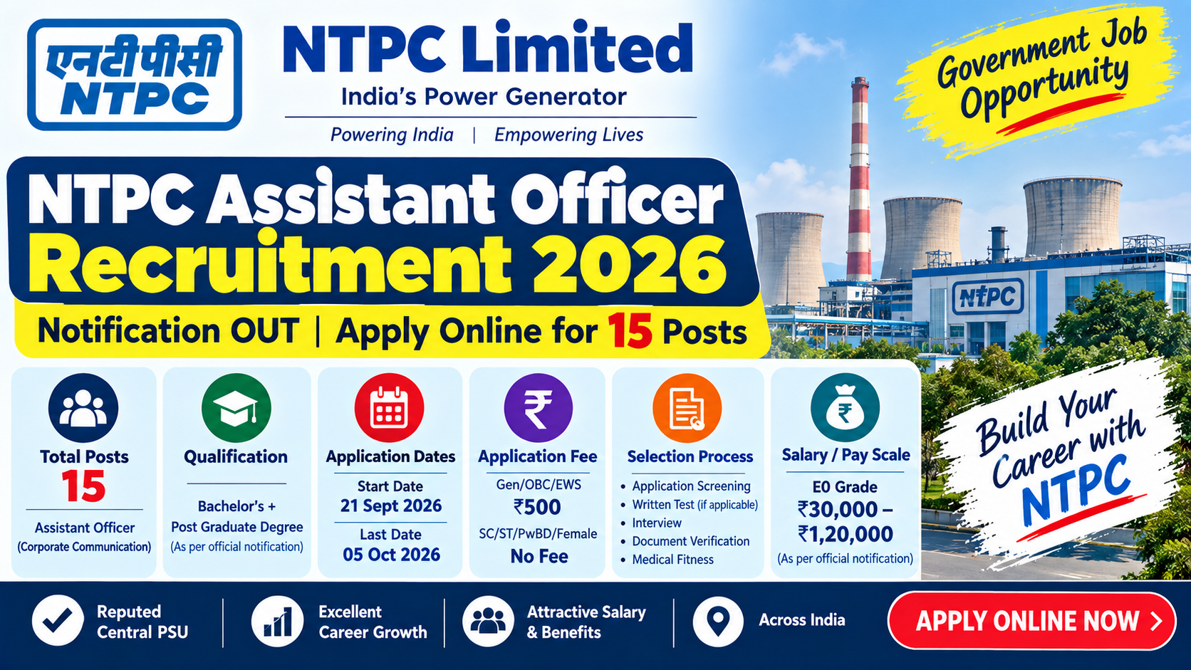 NTPC Assistant Officer Recruitment 2026 Notification OUT; Apply Online for 15 Posts